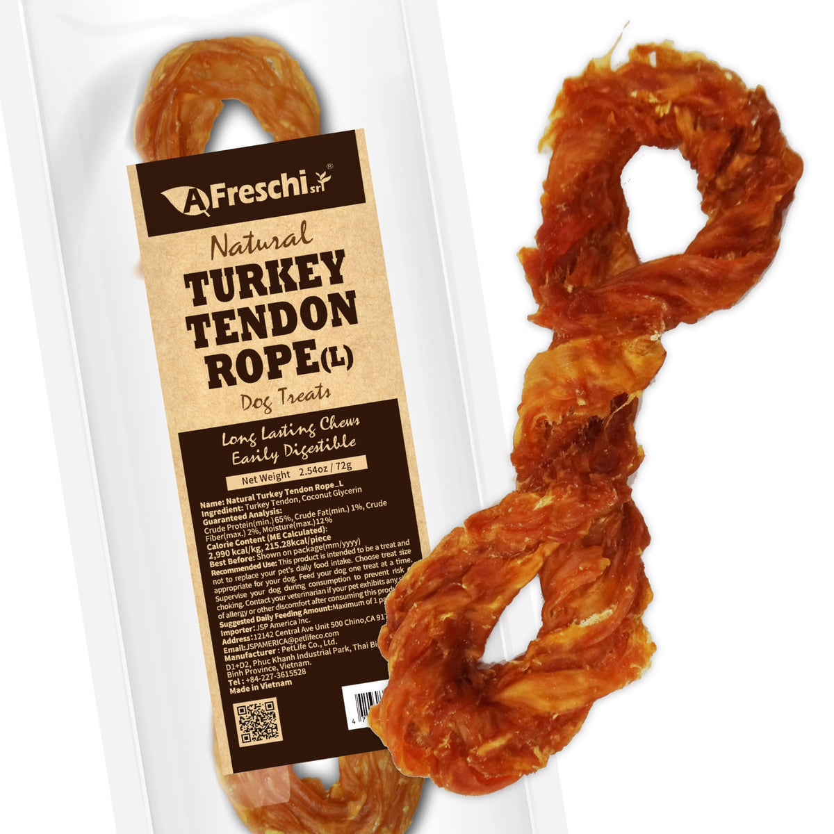 AFreschi Turkey Tendons dog chew pack shows a long-lasting, protein-rich treat.