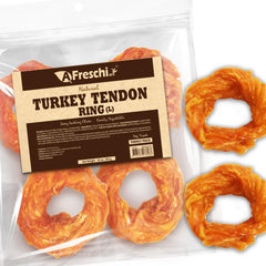 AFreschi Turkey Tendons packaging shows USA-sourced ingredients for safe, natural dog treats.