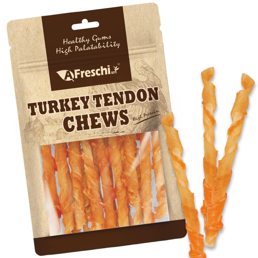 AFreschi Turkey Tendons packaging 3oz demonstrates a convenient resealable bag for on-the-go rewards.