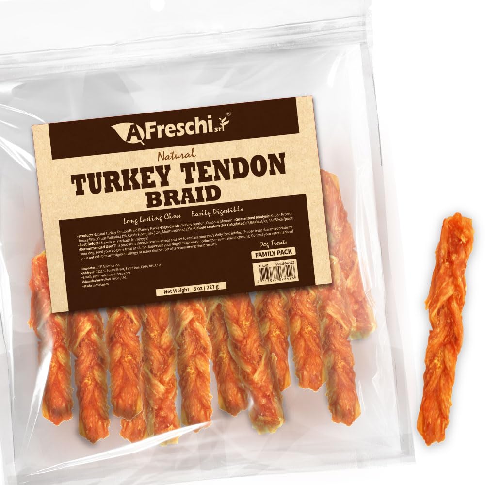 AFreschi Turkey Tendons for Dogs – USA-pack image showing long-lasting chew