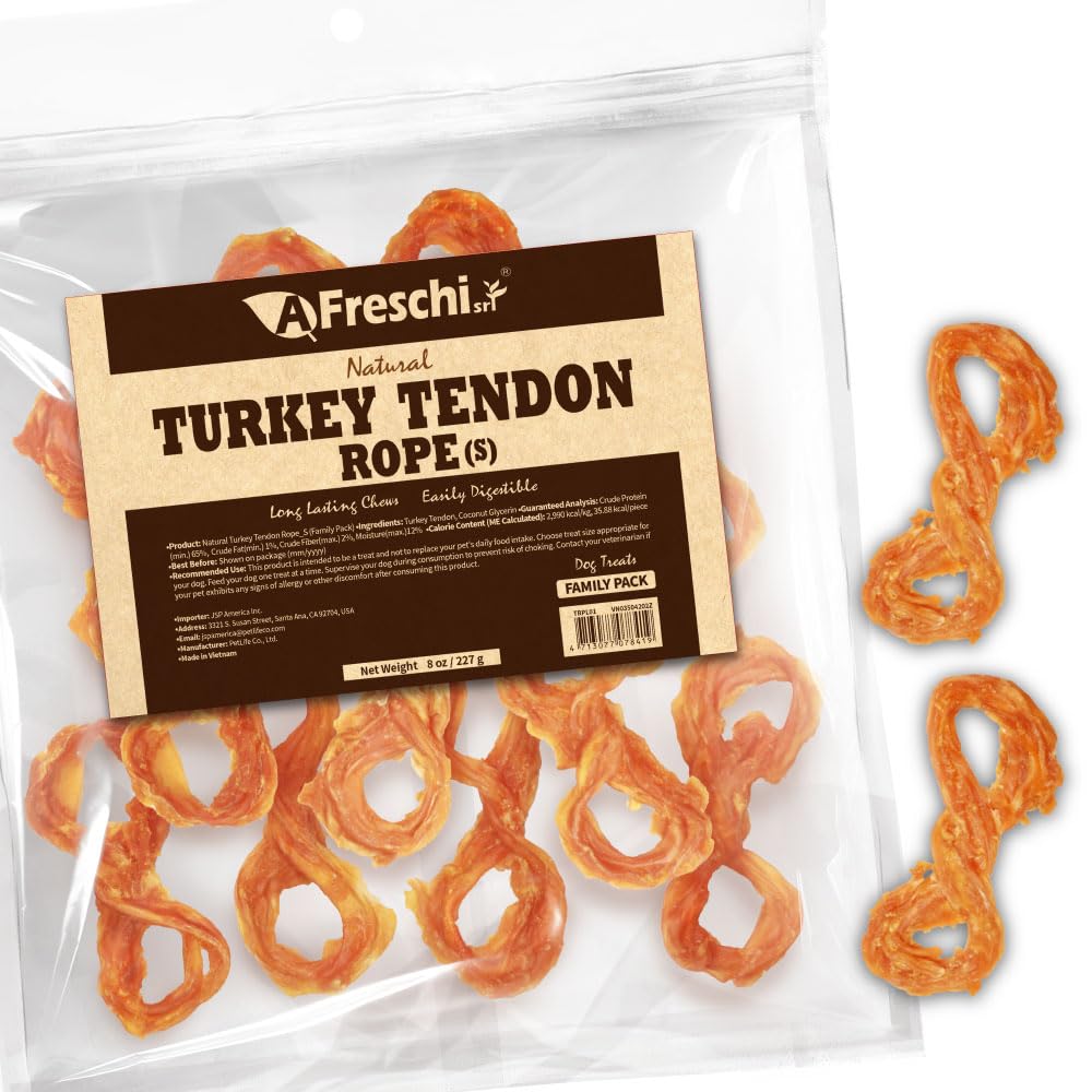 A Freschi srl turkey tendons for dogs USA-sourced protein rich treat for small breeds.