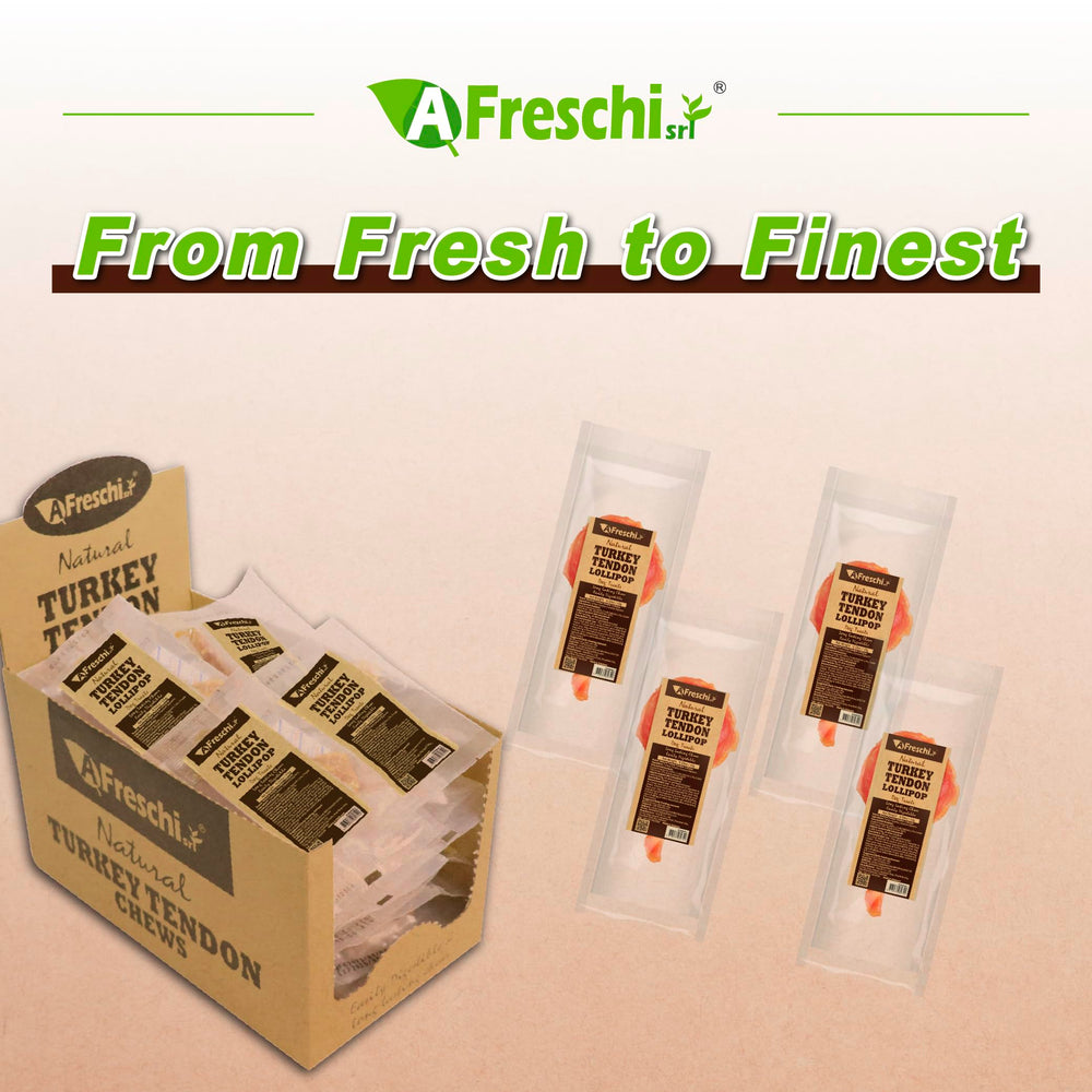 A Freschi Turkey Tendons human-grade badge reinforces trusted, quality dog treats.