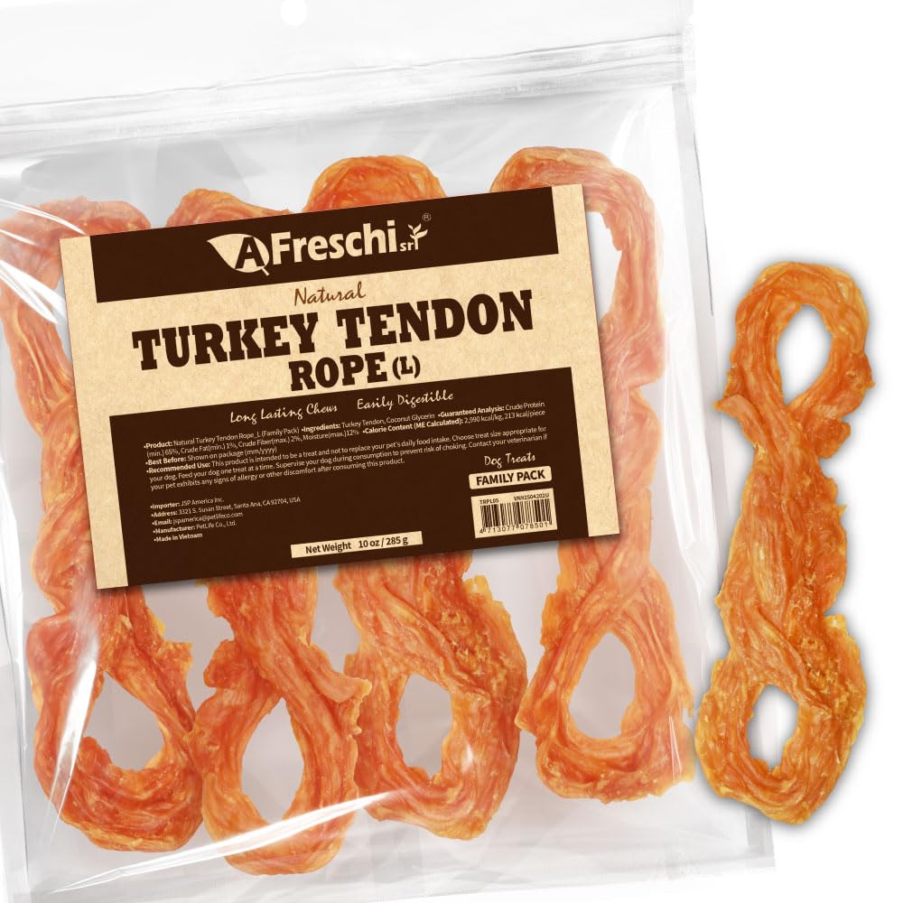 AFreschi turkey tendons 10oz pack for large dogs, a long-lasting chew.