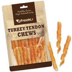 AFreschi Turkey Tendons pack closeup highlights a long-lasting, high-protein dog treat ideal for training
