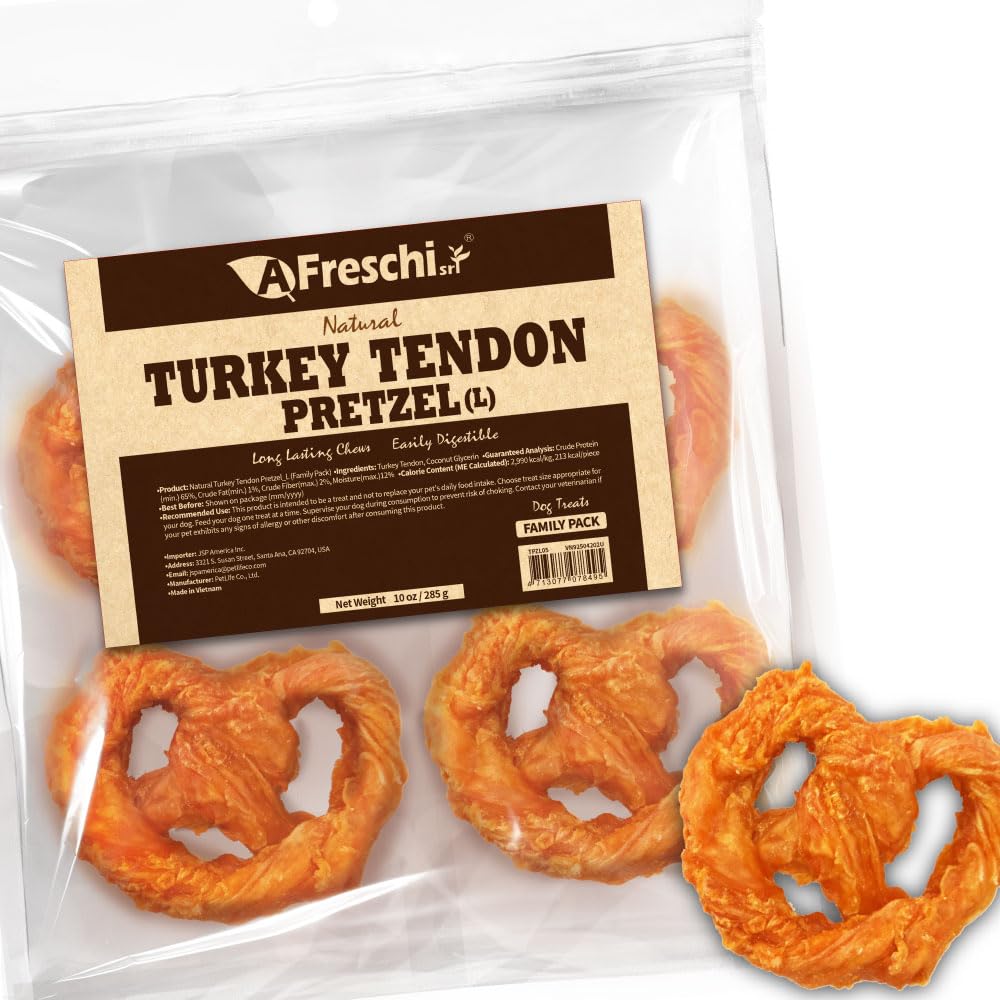 AFreschi turkey tendons pack shot shows premium USA-sourced protein for lasting chews.