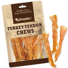 AFreschi Turkey Tendons packaging shows USA-sourced, all-natural dog treats.