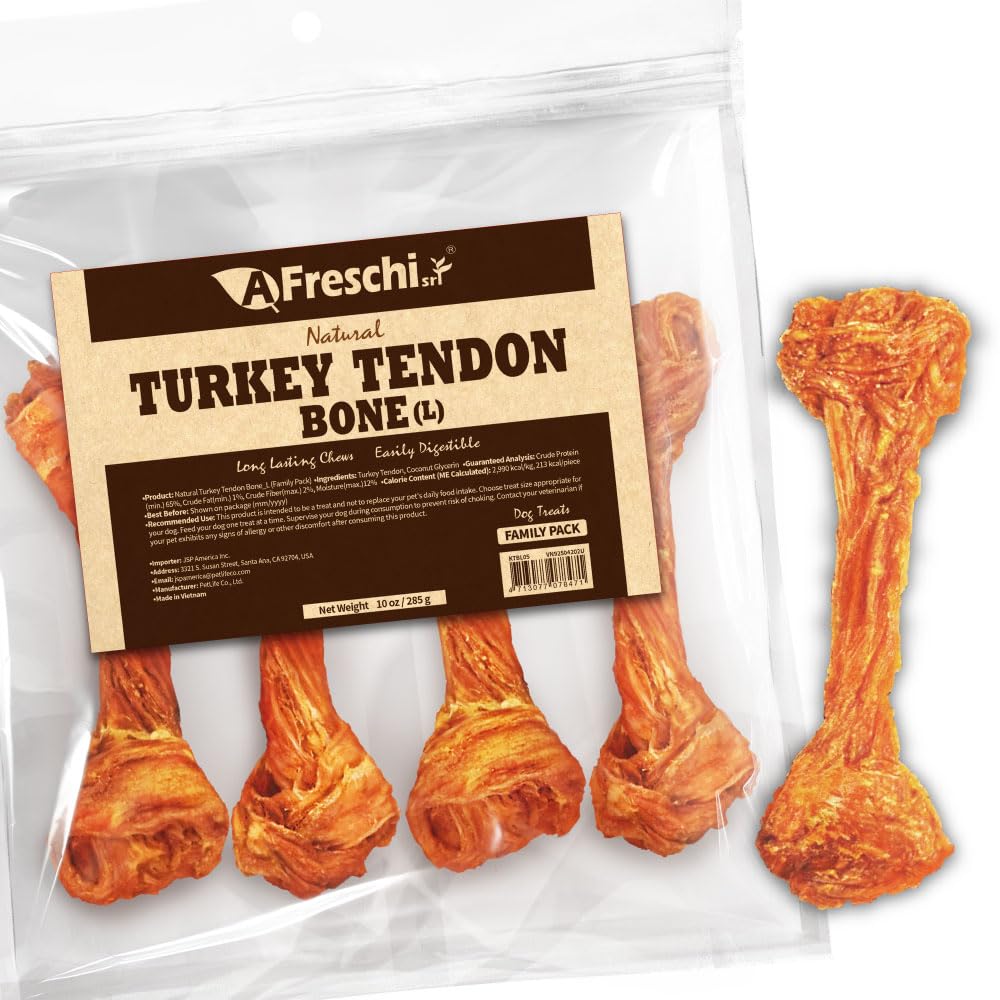 A Freschi turkey tendons pack front for dogs, offering a long-lasting chew option.