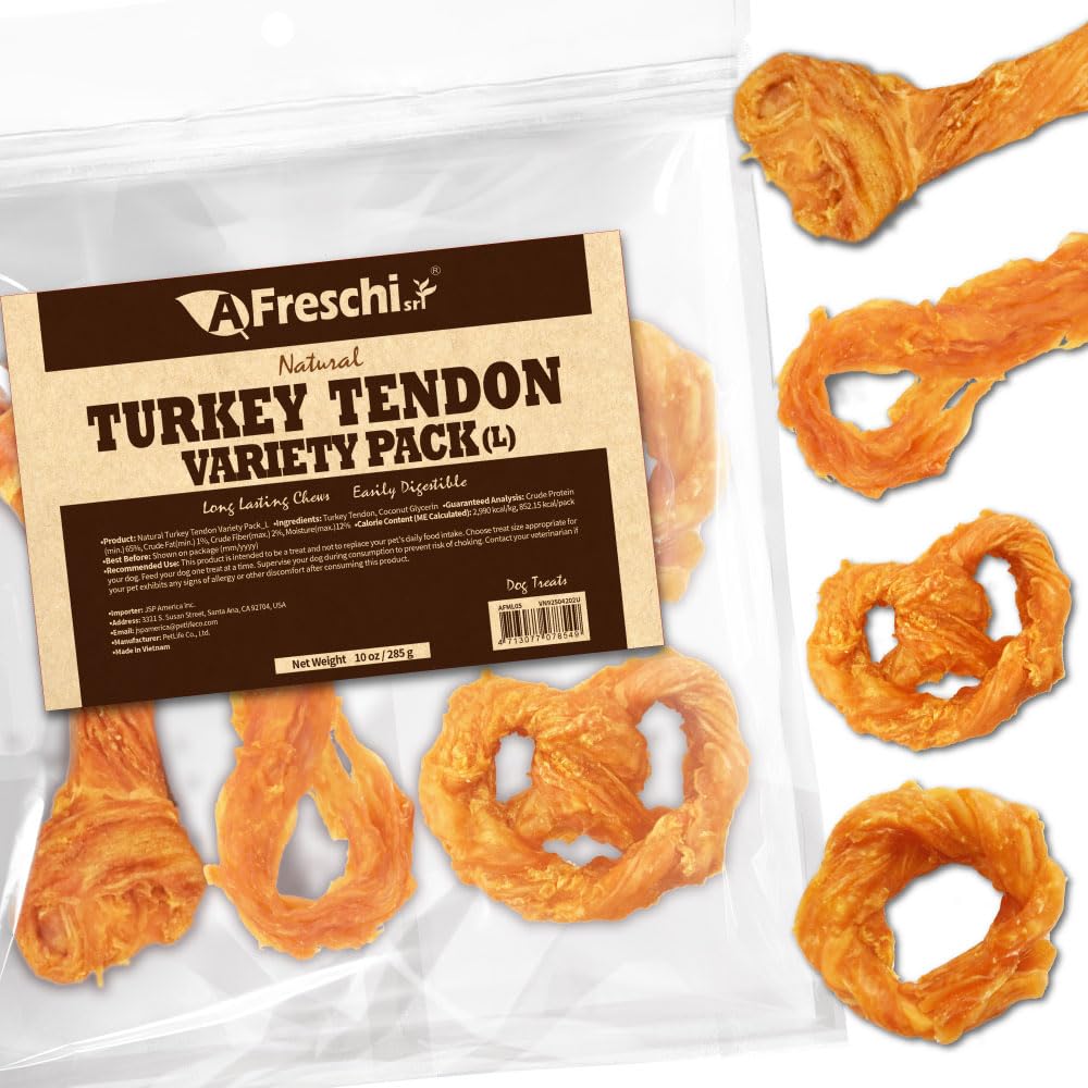 AFreschi Turkey Tendons USA pack-shot highlights a long-lasting, protein-rich chew for dogs.