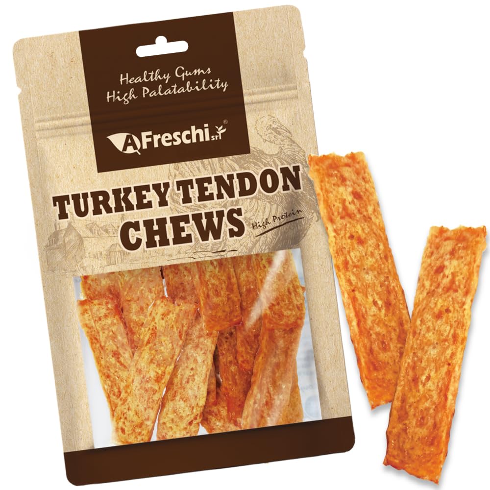 A Freschi Turkey Tendons USA-source pack highlights high-protein dog chew for training.