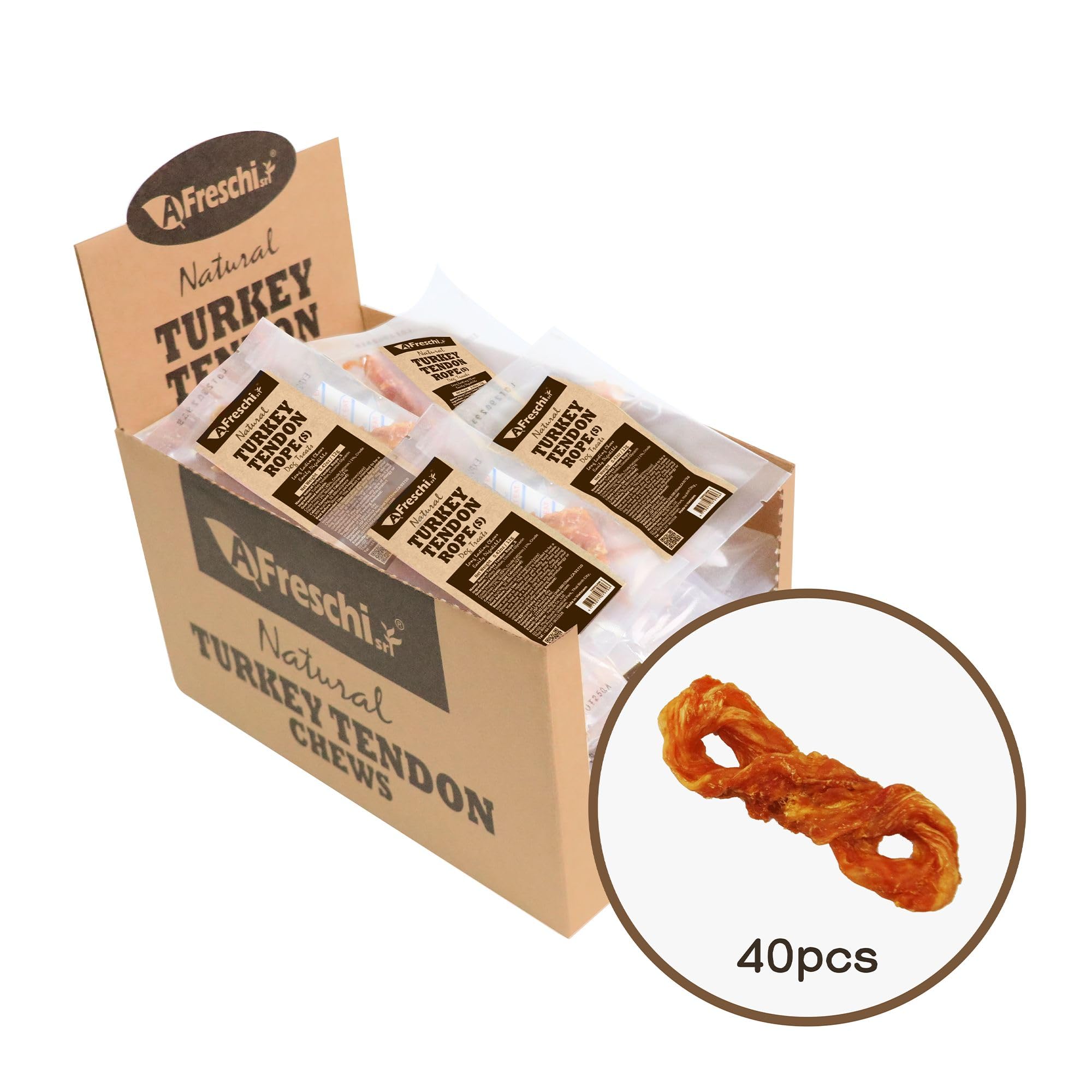 A Freschi Turkey Tendons USA-sourced box highlighting high-protein chews for small dogs.
