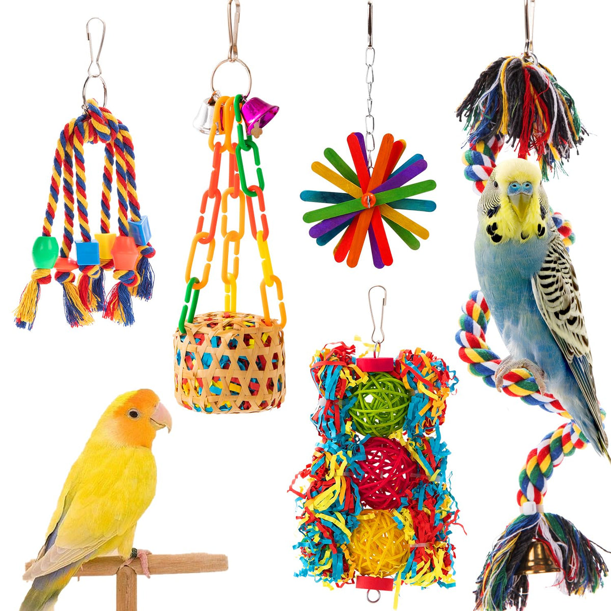 AFUOWER hanging bell bird toy adds gentle sound for parrot enrichment.