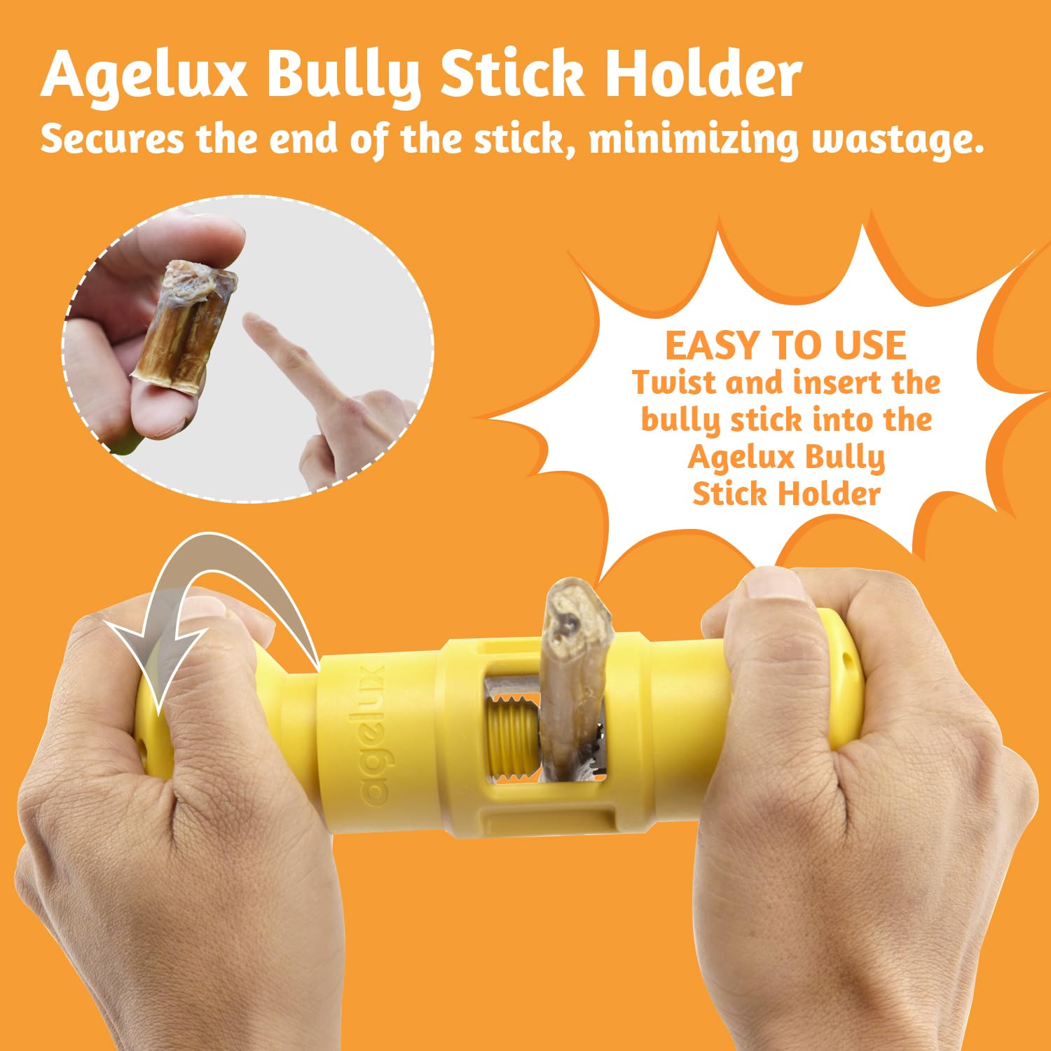 Agelux Bully Stick Holder fits bully sticks, yak chews, pizzle sticks for versatile snacking.