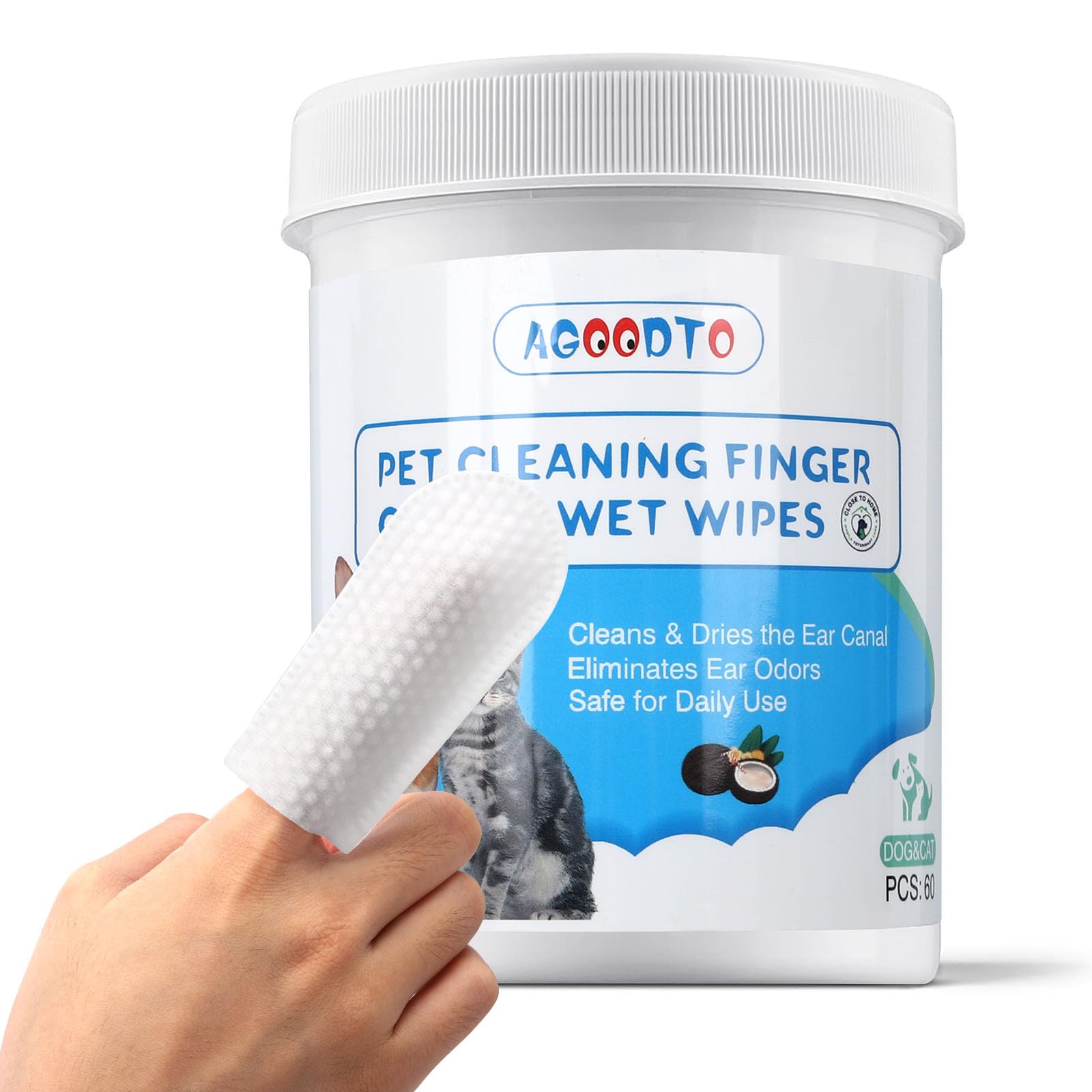 AGOODTO Dog Ear Finger Wipes pack cover for quick, hygienic ear cleaning sessions.