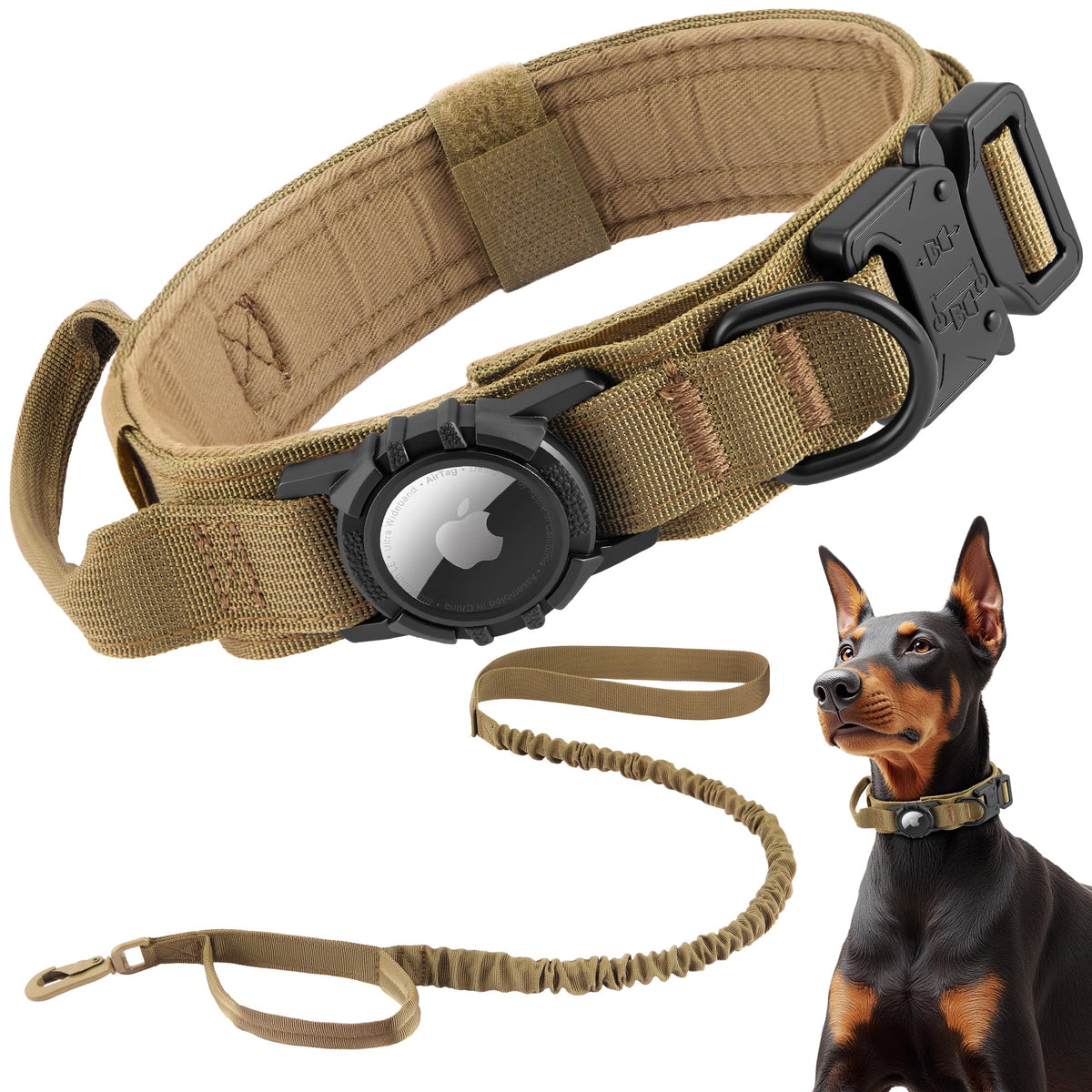 AGPETS Tactical AirTag dog collar brown M closeup highlights secure AirTag holder for safer tracking.