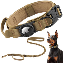 AGPETS Tactical AirTag dog collar brown M closeup highlights secure AirTag holder for safer tracking.