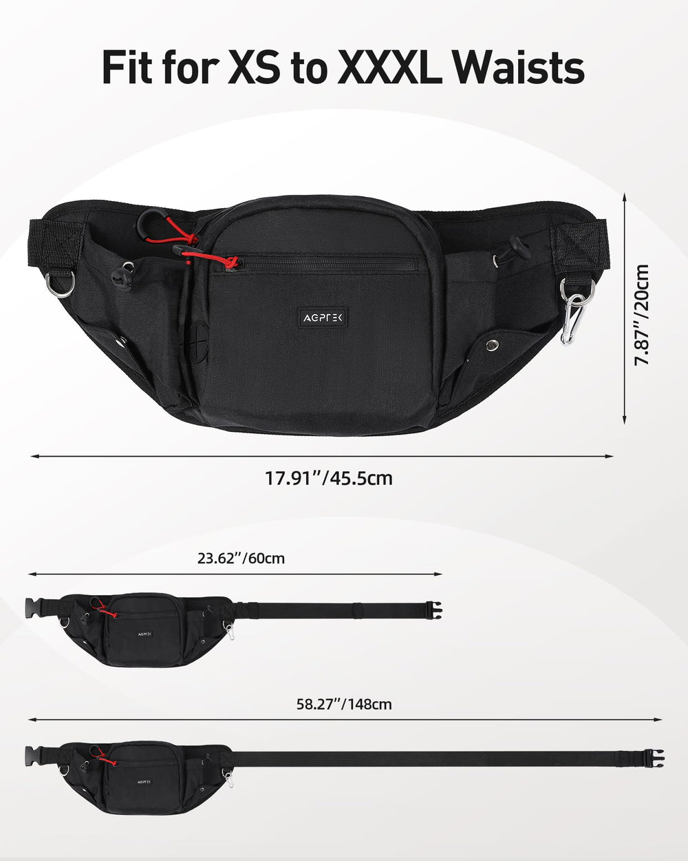 AGPTEK adjustable strap shown for comfortable waist or crossbody wear.