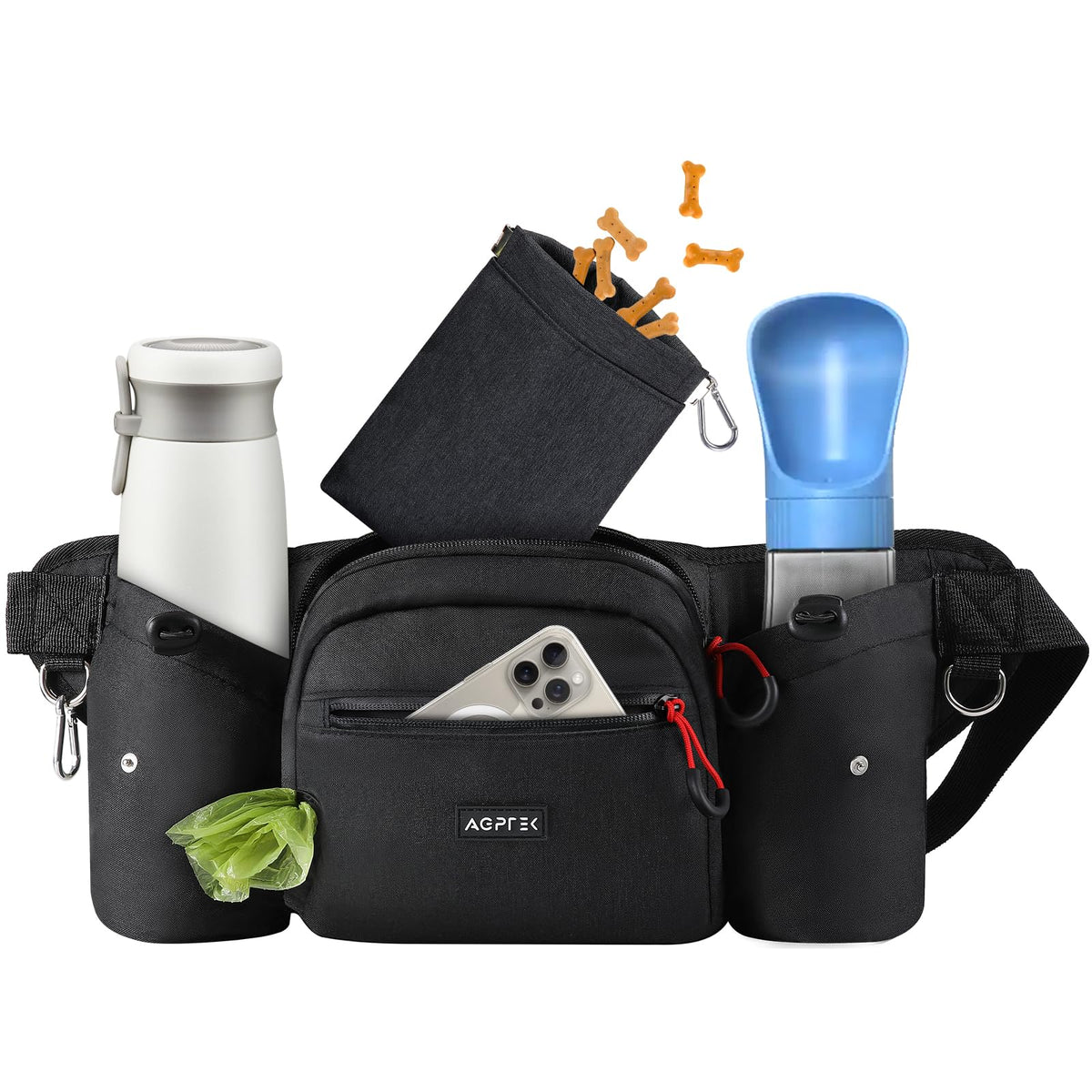 AGPTEK dog walking fanny pack front view for hands-free convenience on jogs.