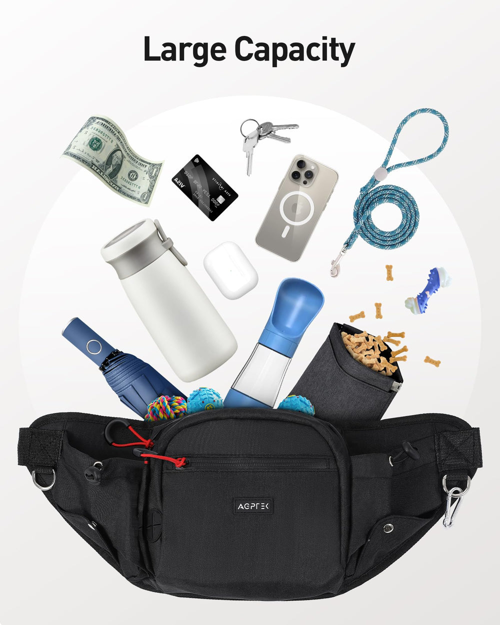 AGPTEK versatile-use crossbody strap ideal for hiking, shopping, and dog walks.