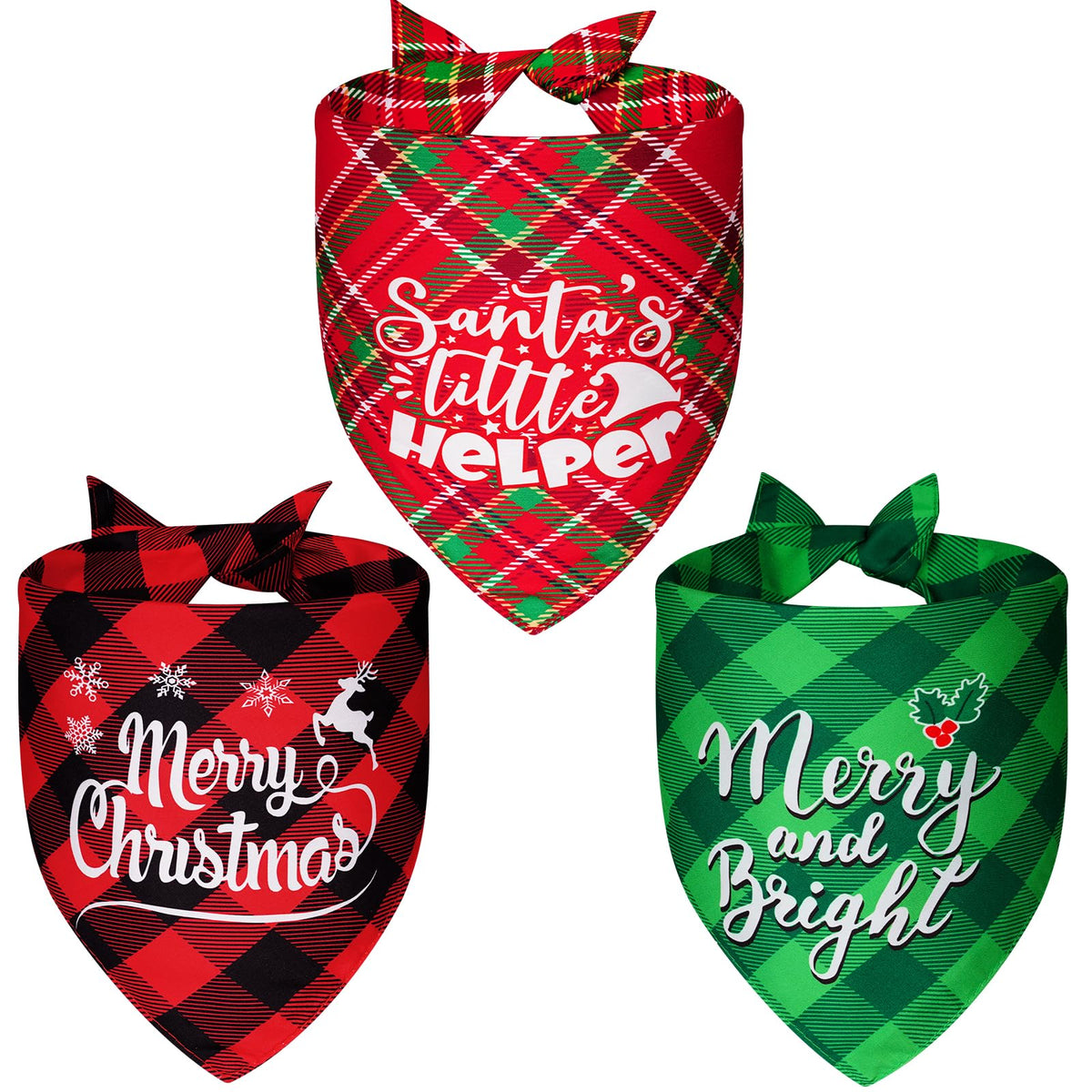 Agroon Christmas dog bandana three-pack front view shows festive patterns perfect for holiday photos.