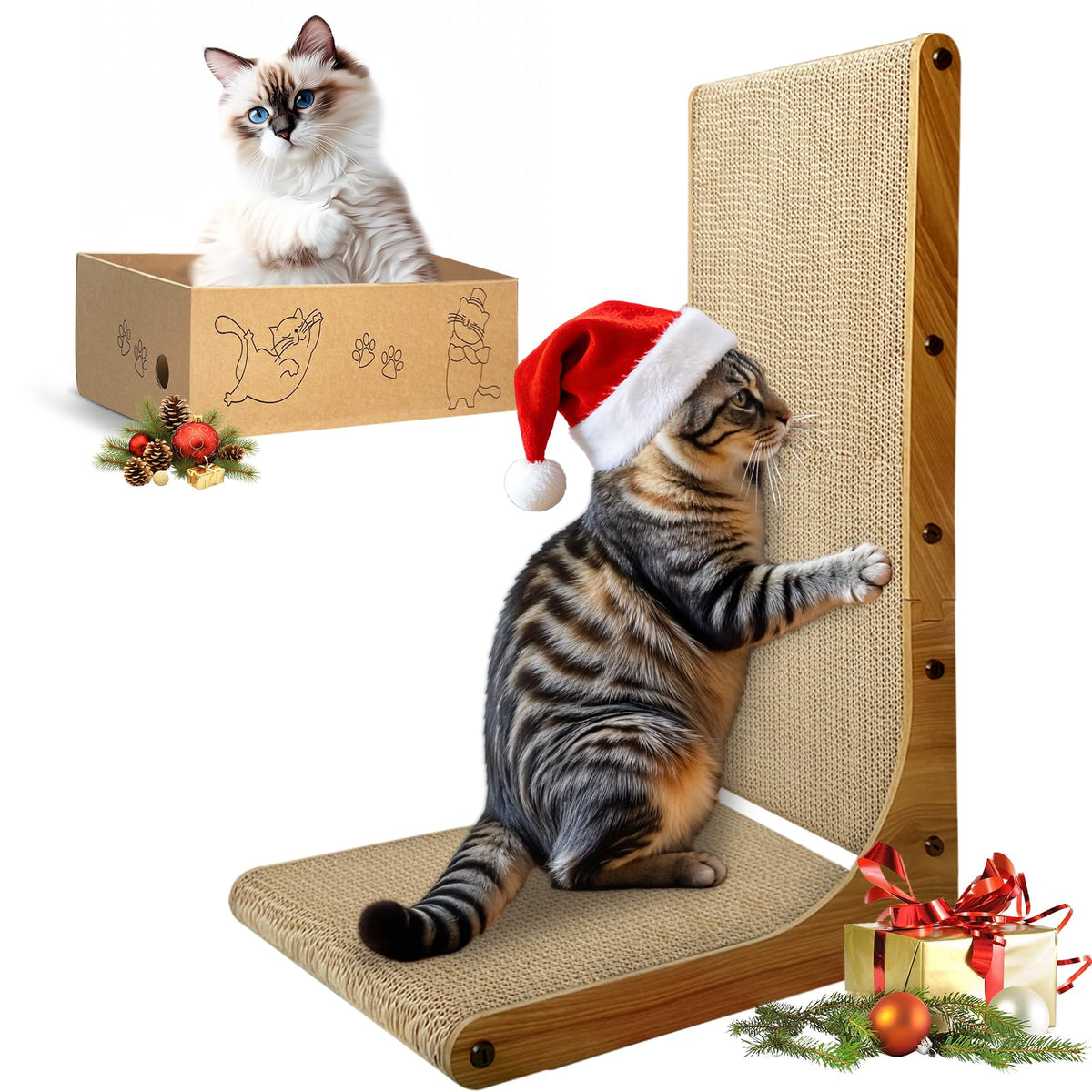 AGYM Cat Scratcher 26in L-shape with box supports comfortable scratching and containment.