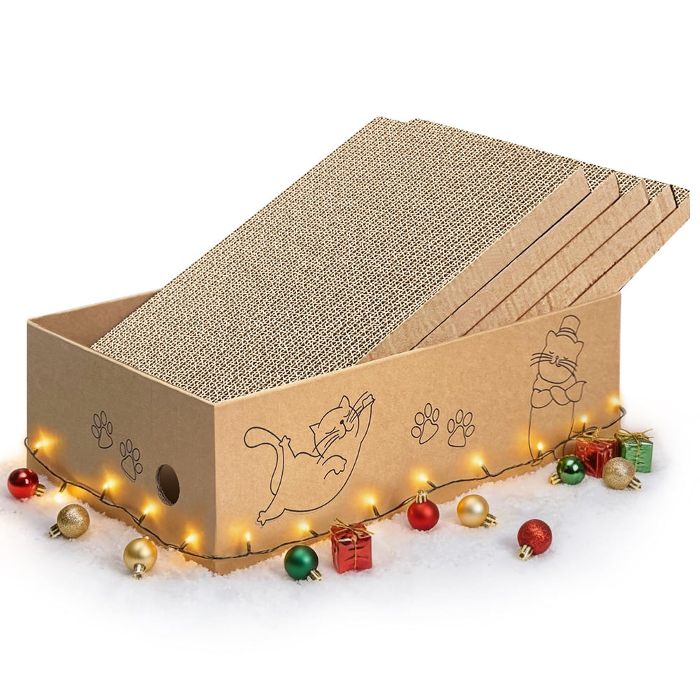 AGYM cat scratcher packaging box showing five boards for versatile scratching
