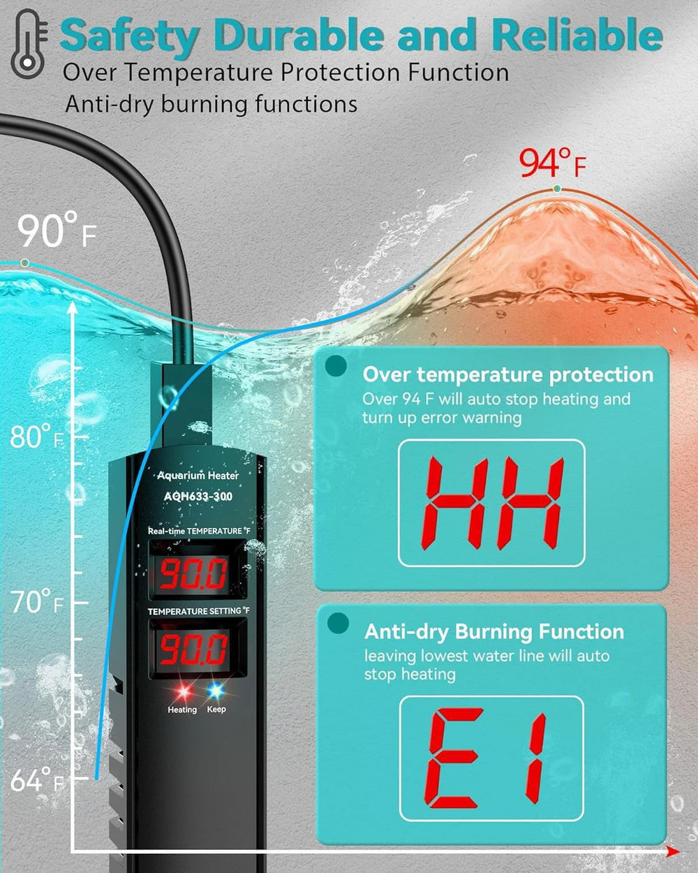 AHJ aquarium heater fully submerged installation guarantees reliable operation in freshwater or saltwater tanks.
