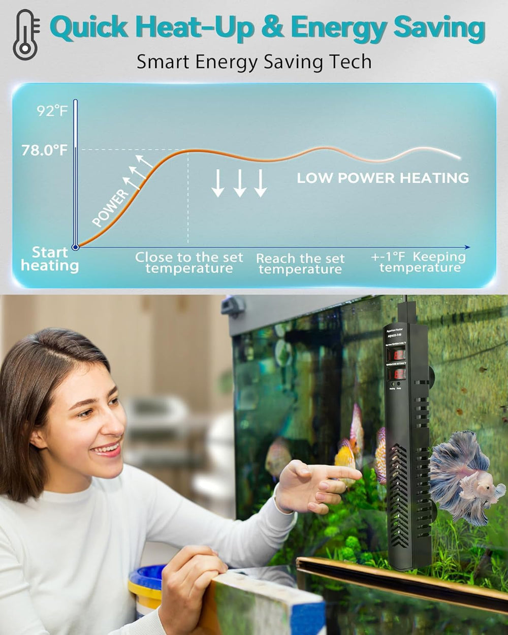 AHJ aquarium heater precise temperature control keeps water within a narrow range for fish comfort.