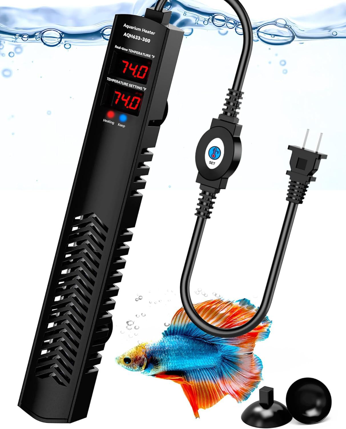 AHJ aquarium heater thermometer display shows precise temperature readings for steady tank warmth.