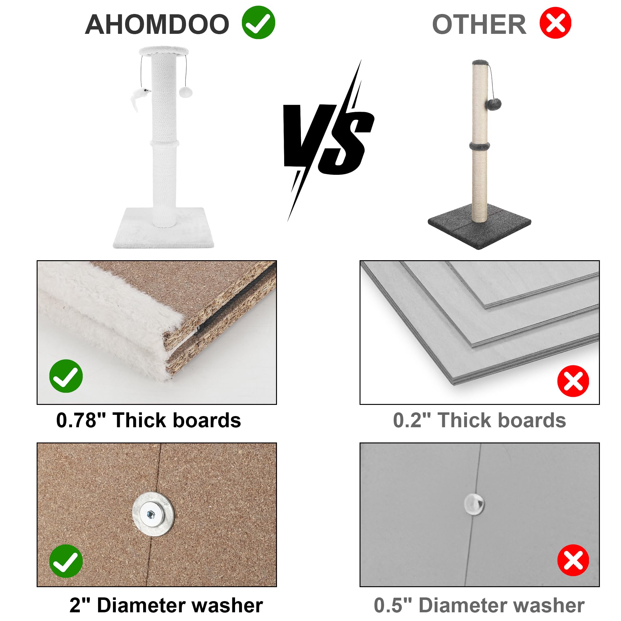 Ahomdoo cat scratching post 34 inches sturdy base prevents tipping during play.