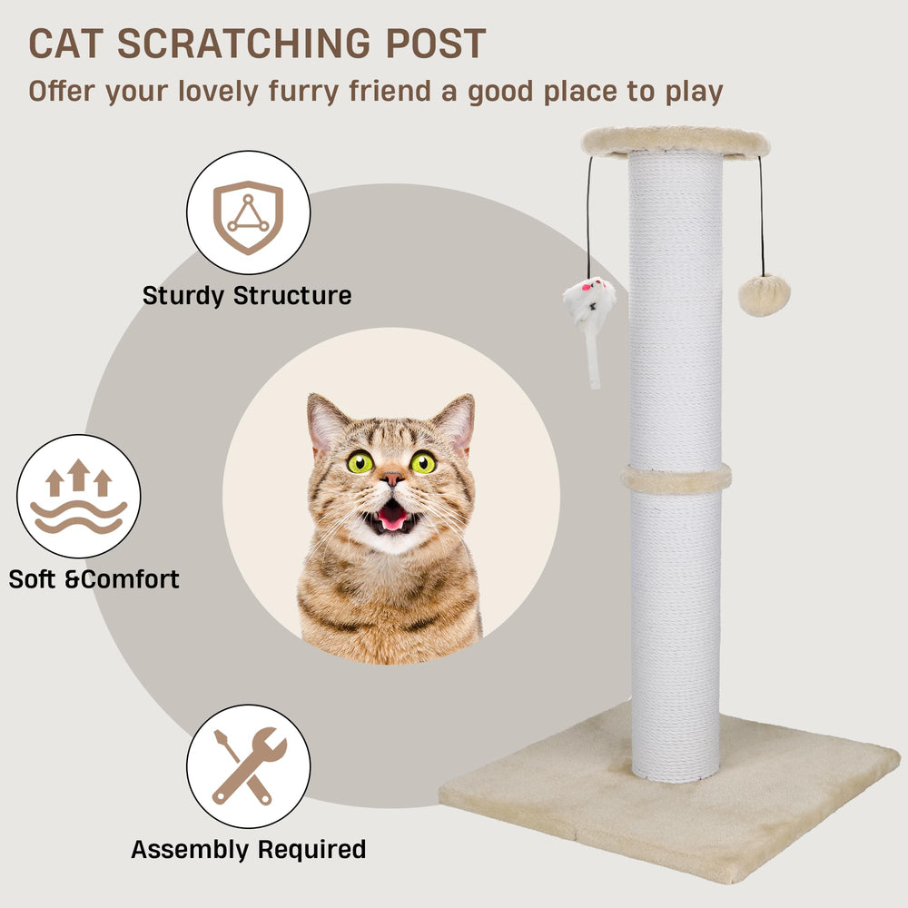 Ahomdoo cat scratching post hanging-ball feature adds interactive play.