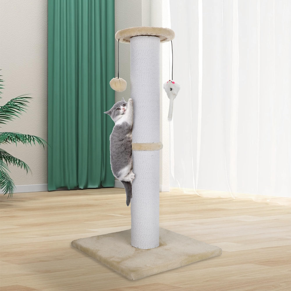Ahomdoo cat scratching post beige-in-use shows stable indoor furniture protection.