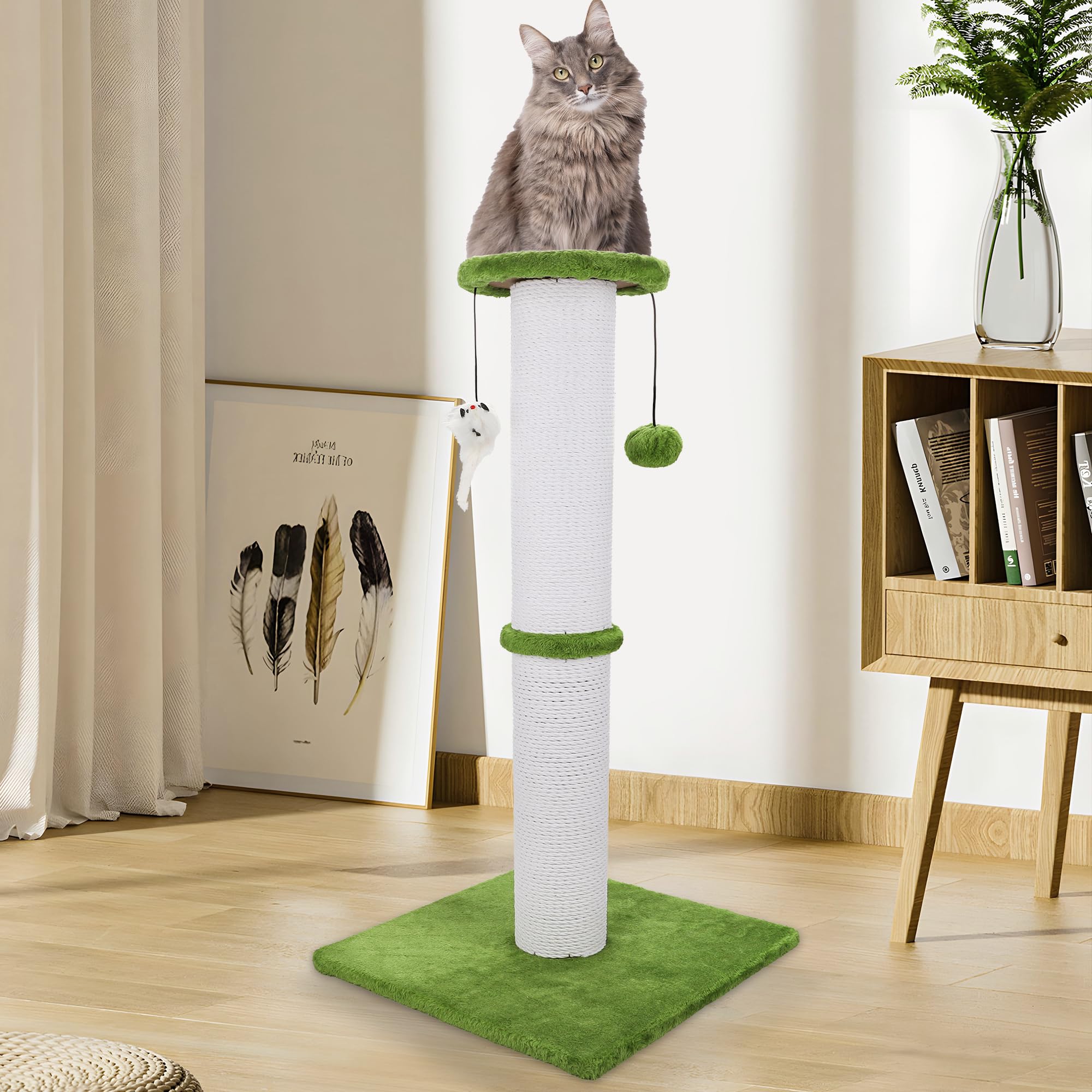 Ahomdoo cat scratching post bright green finish enhances room decor.