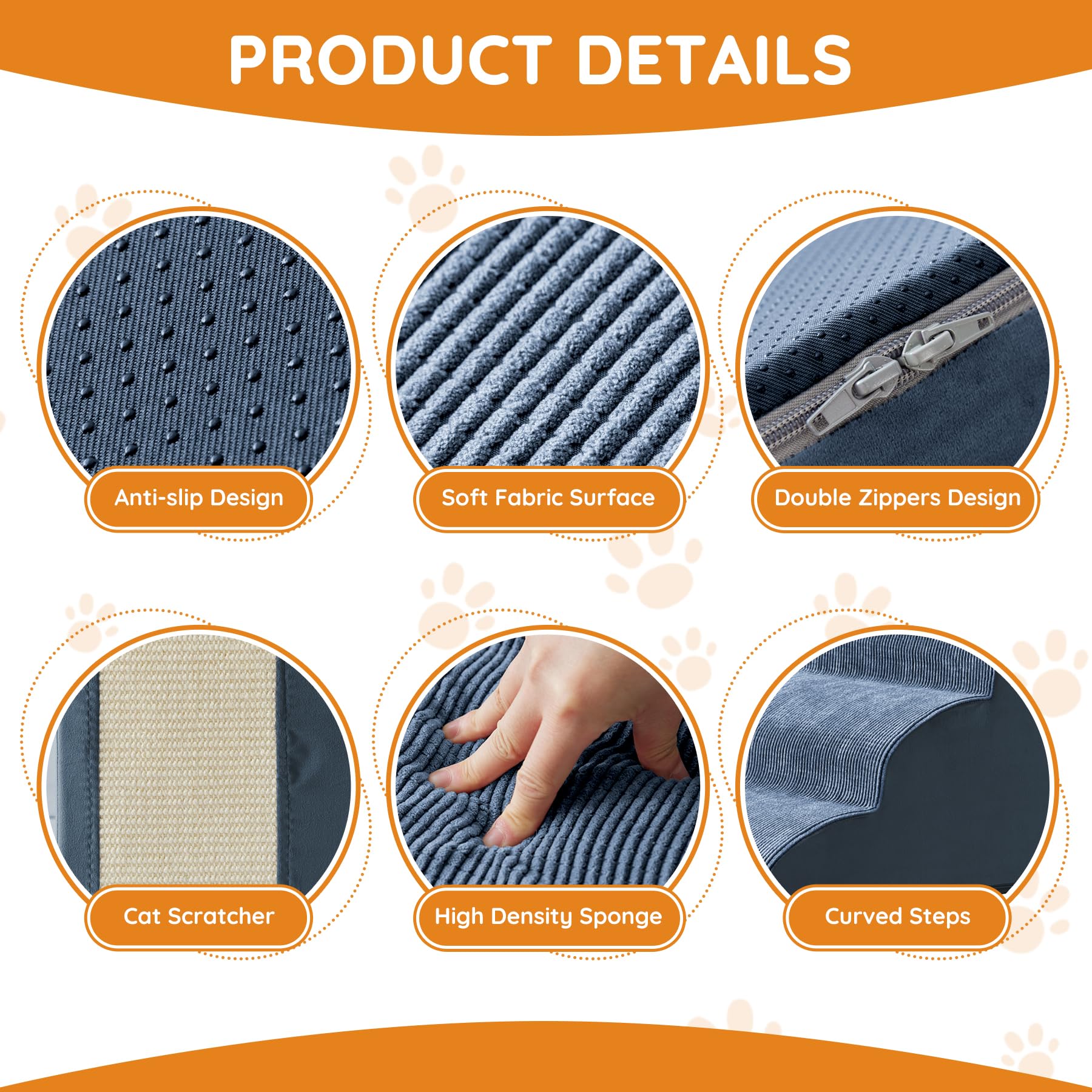 Ahpmeoa Navy Portable Pet Steps non-slip surface helps paws stay secure during climbs.