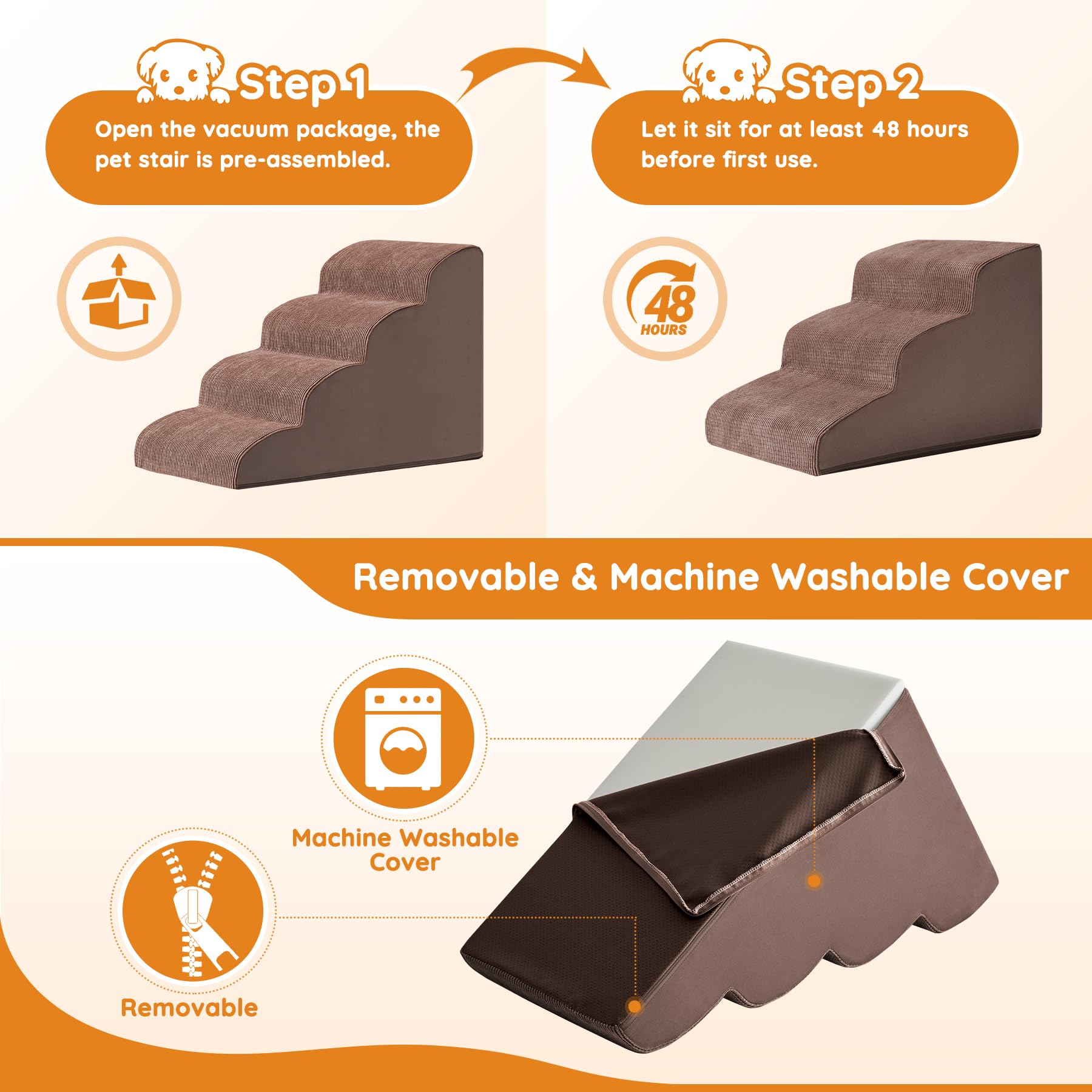 Ahpmeoa pet stairs foam closeup coffee—high-density foam supports small pets.