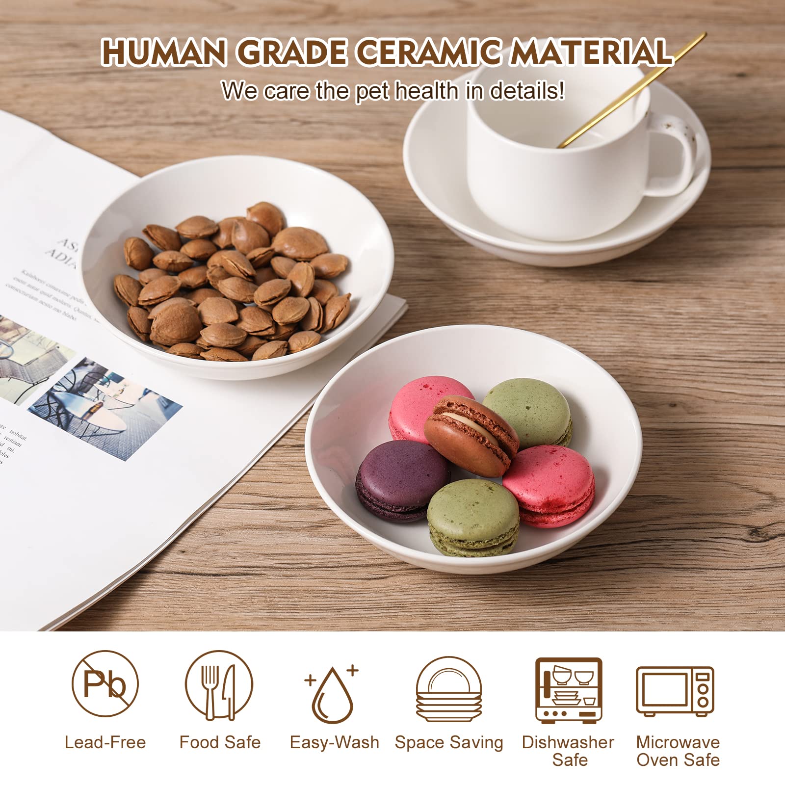 AHX ceramic cat dishes suitable for dry, wet, and treats with 8.5-ounce capacity.