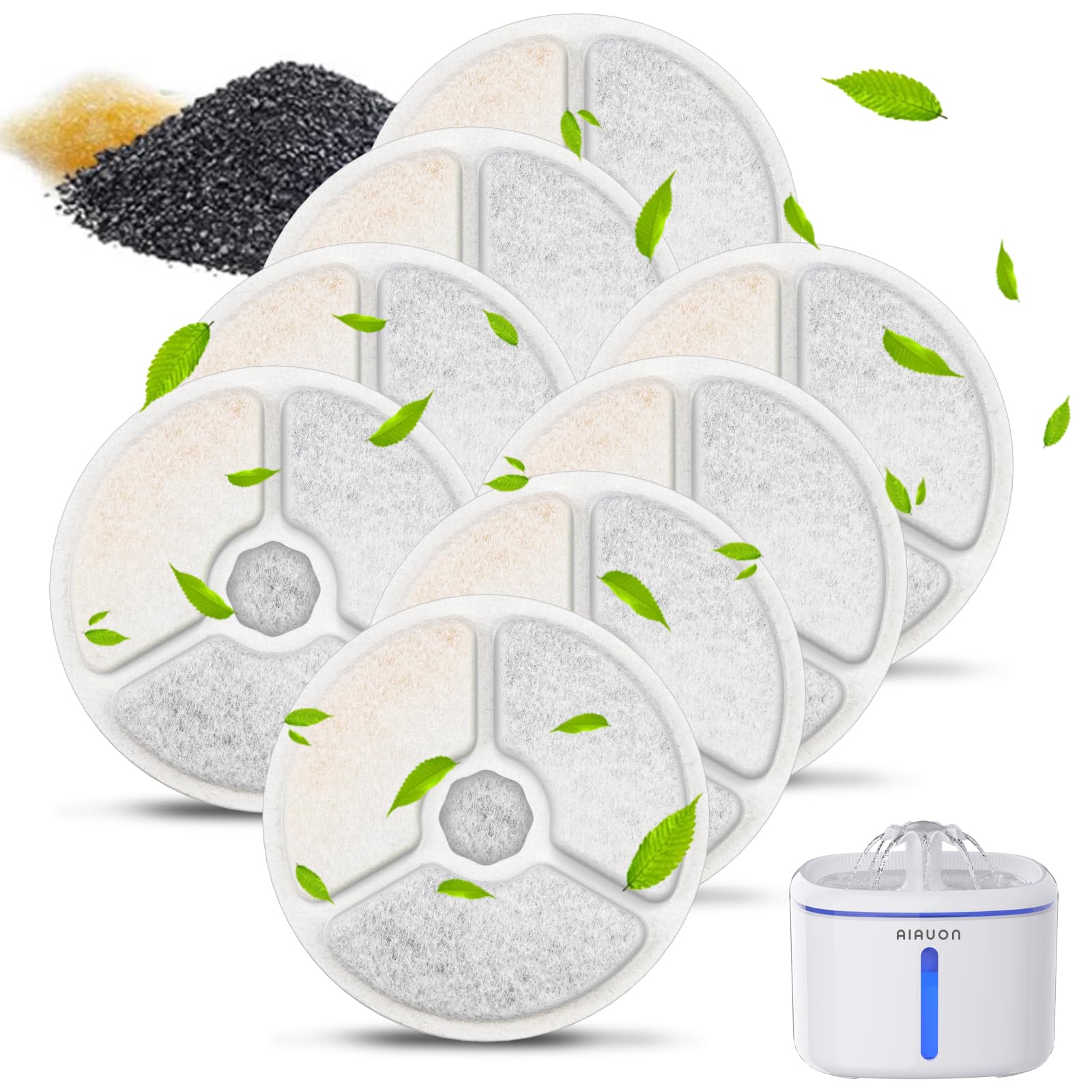 AIAUON 8-pack cat fountain filters packaging showing the full replacement kit