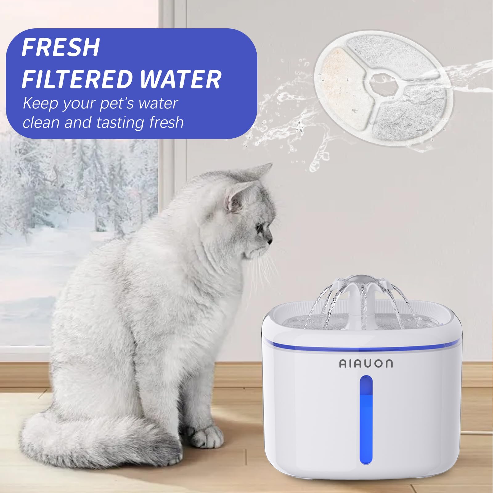 AIAUON cat fountain water flow with filters installed for smooth hydration