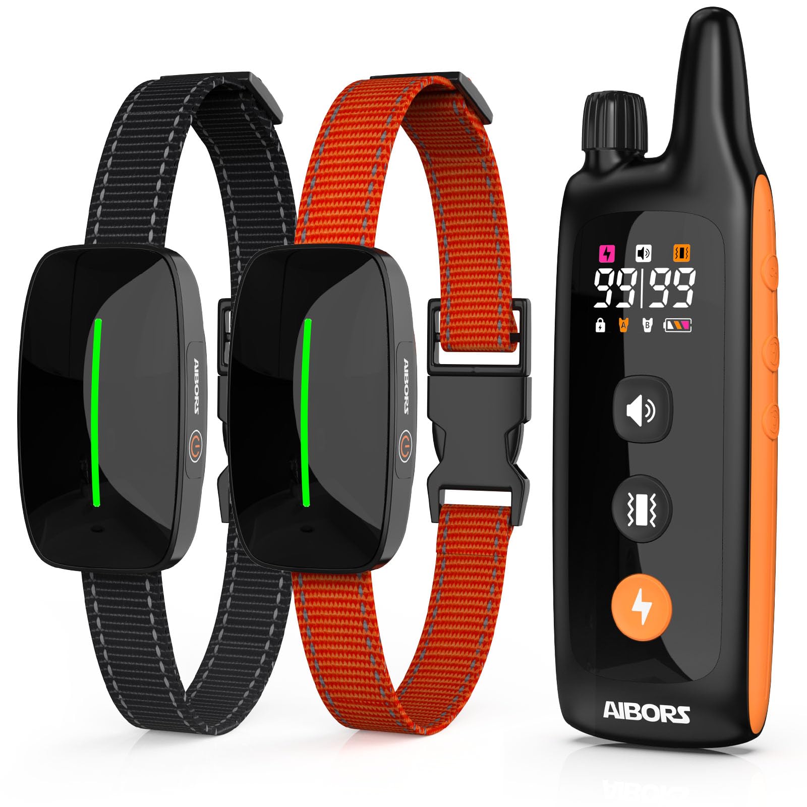 AIBORS dog shock collar remote demonstrates dual-channel control for training two dogs.