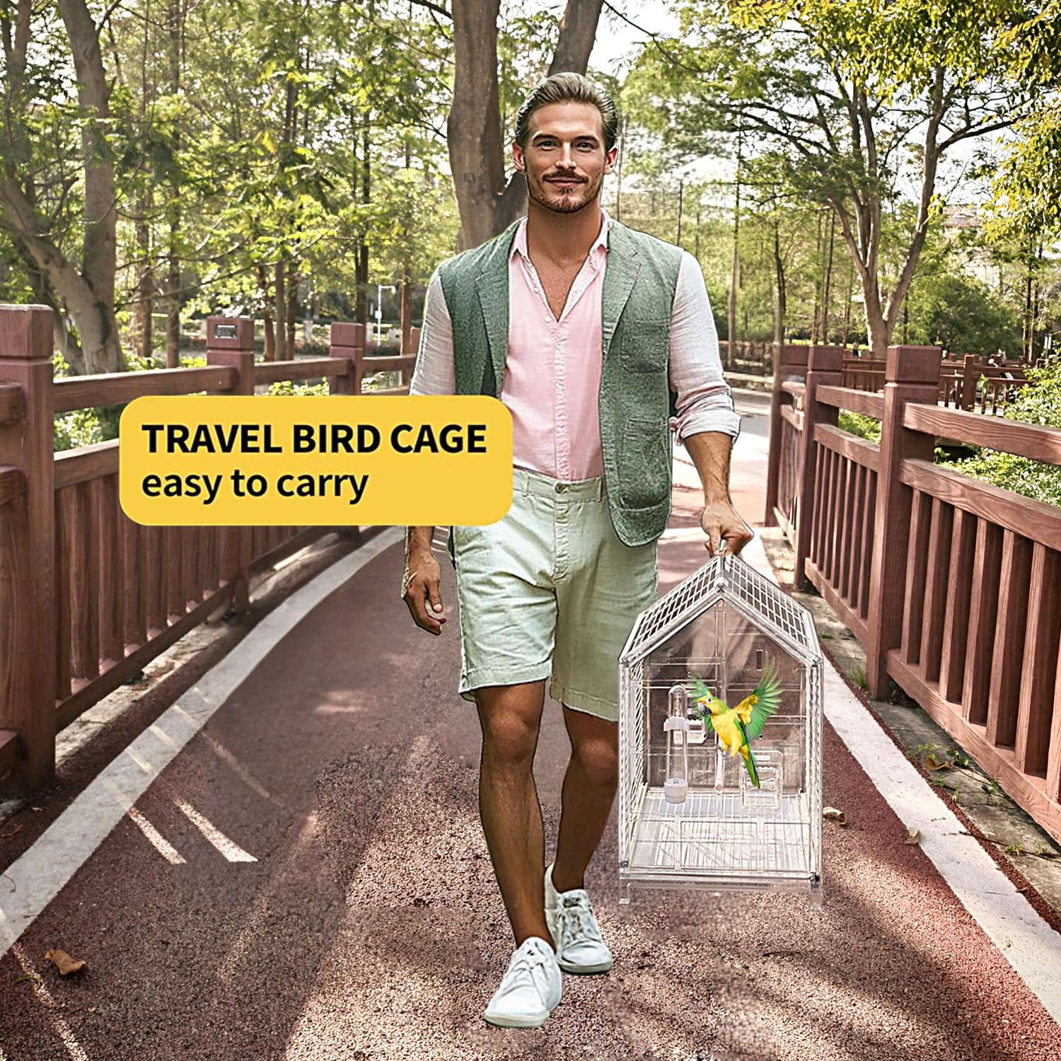 AideeGrowth bird cage travel handle demonstrates portability for outings