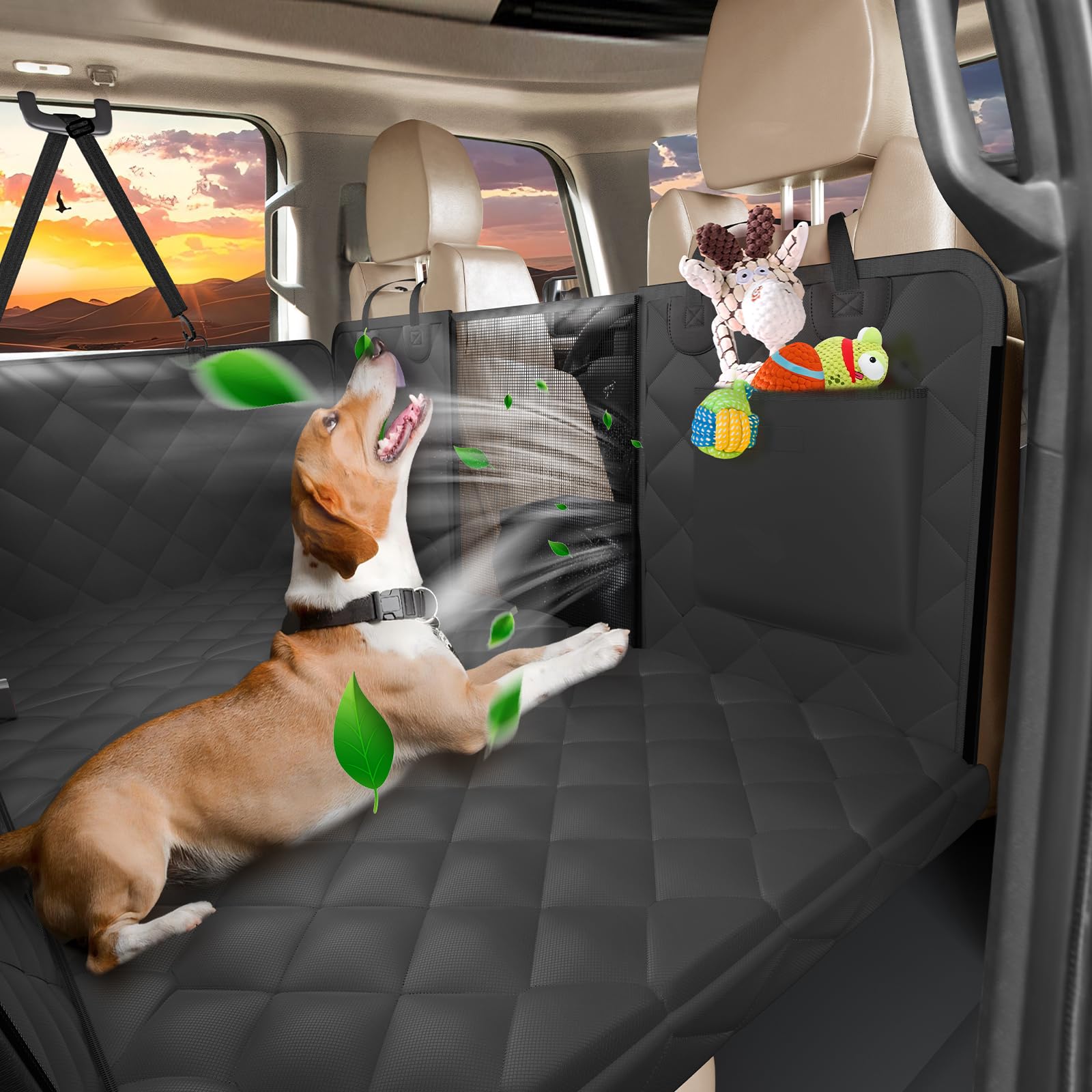 AIEDO back-seat extender dog hammock installed-in-truck demonstrates easy setup and quick cleanup