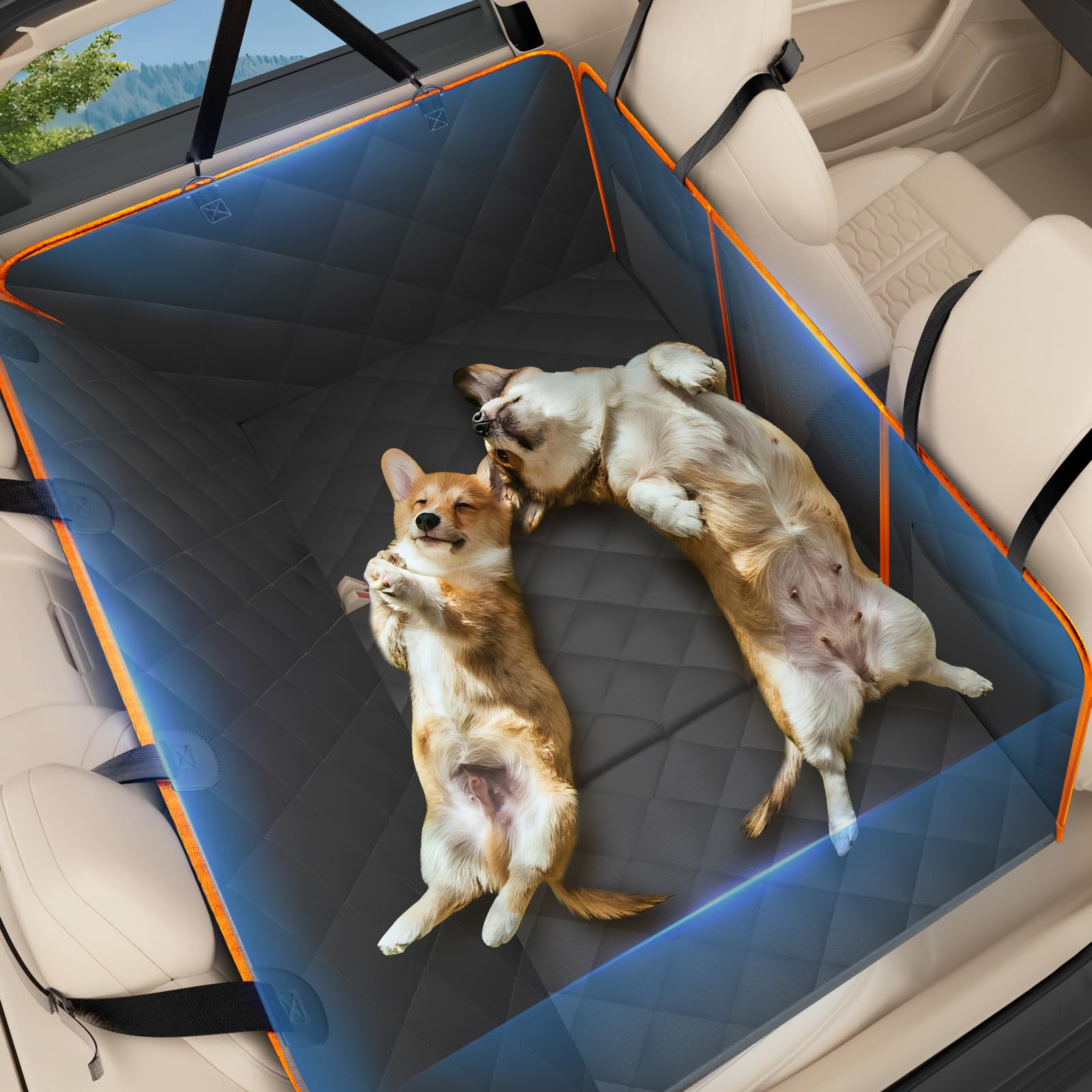AIEDOULER back-seat extender with mesh window reduces dog anxiety by increasing visibility during rides.