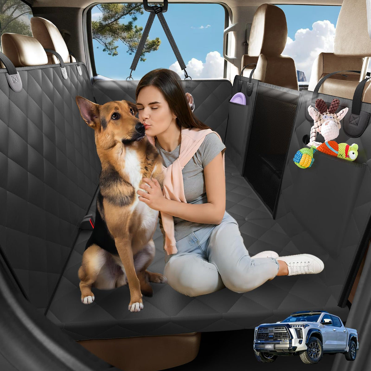 AIEDOULER XL back seat extender cover shows full-seat protection against dirt and fur.