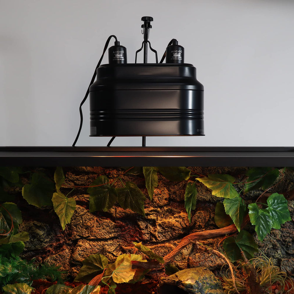 Aiicioo dual reptile light fixture includes safety label for proper handling and installation.
