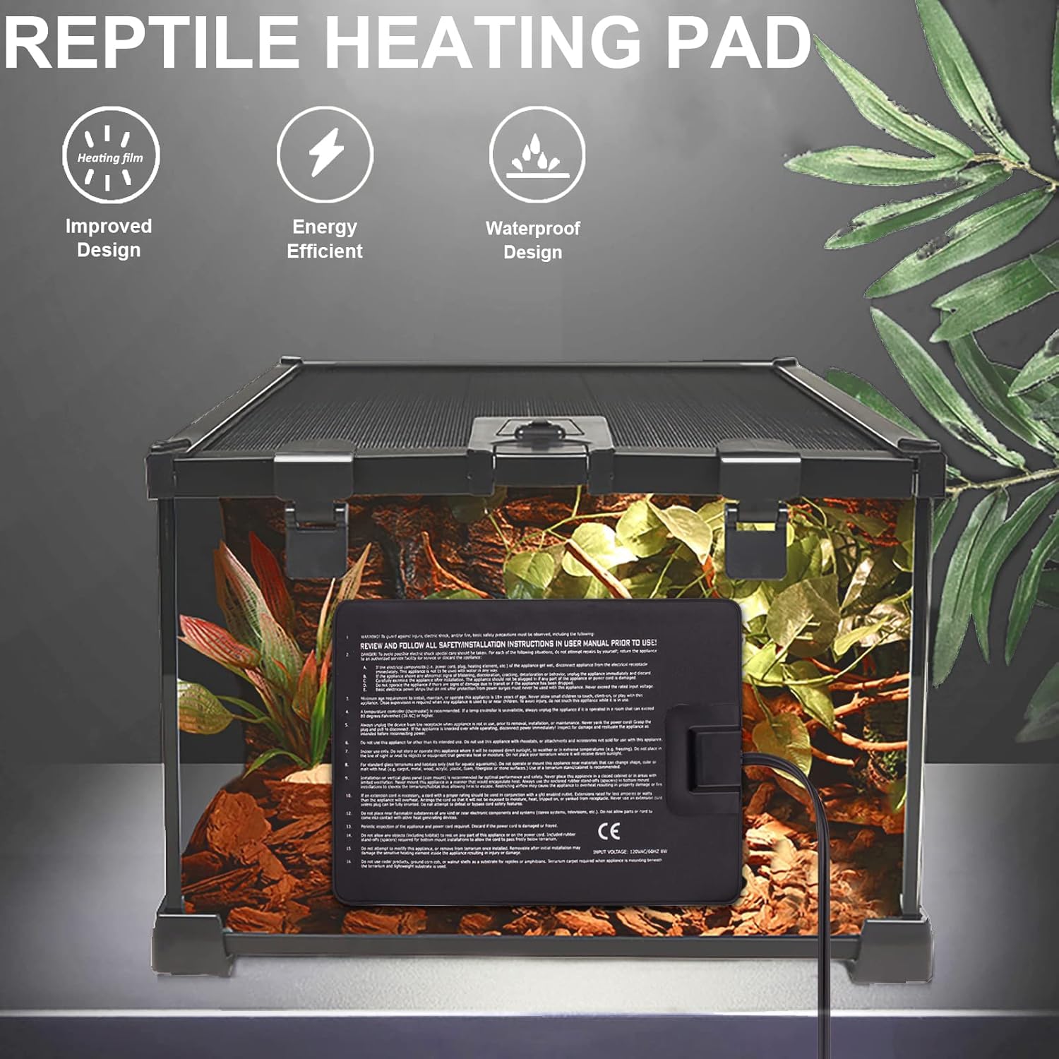 Aiicioo terrarium heat pad in-use shows reliable 24-hour heat support.