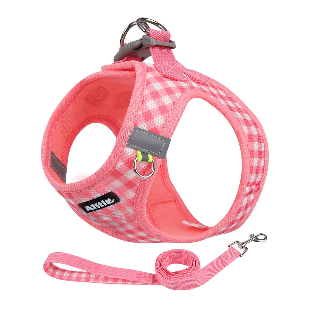AIITLE breathable-mesh-dog-harness plaid watermelon-m front view for daily comfort