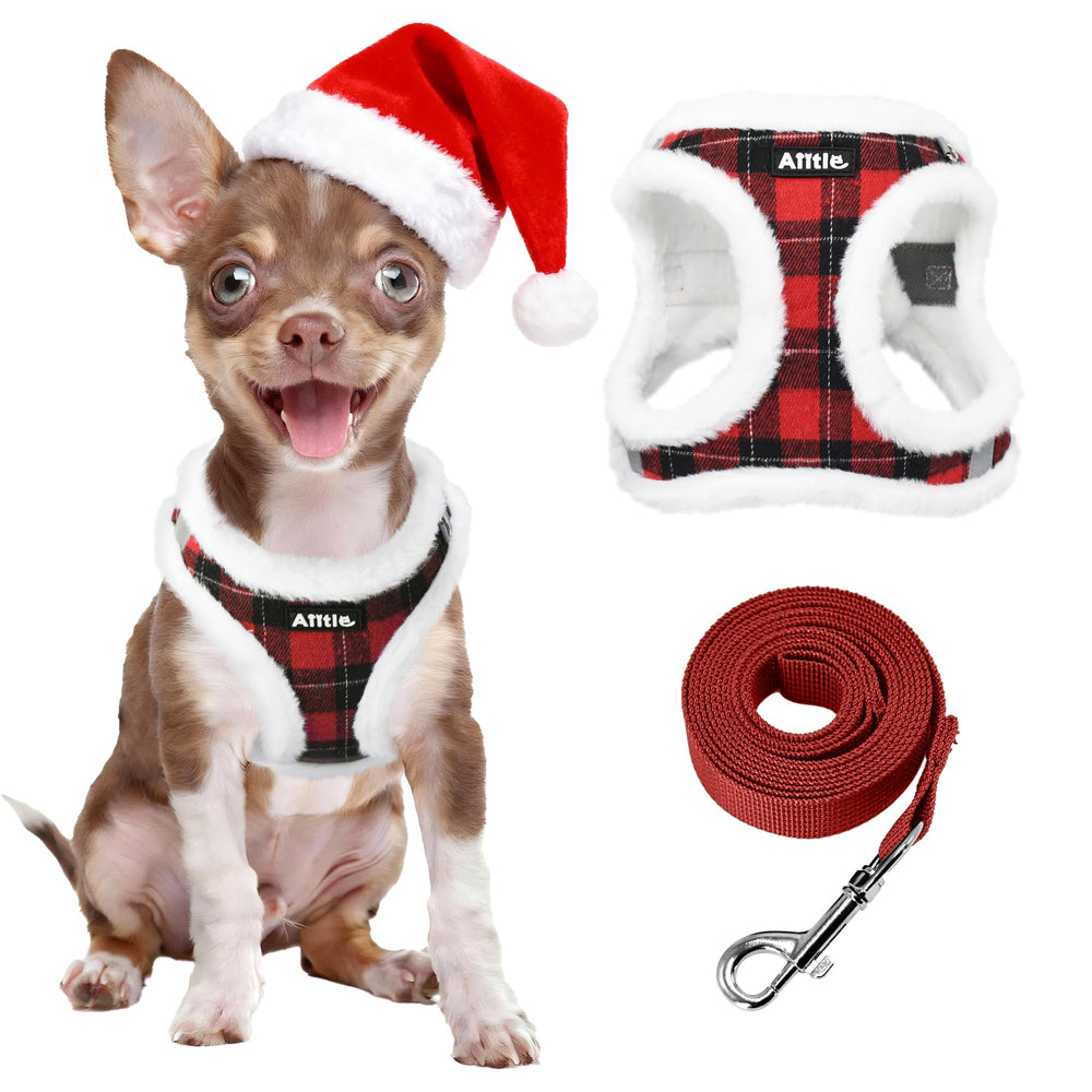 Aiitle Christmas plush harness red XXS with plaid pattern for cozy, secure winter walks.