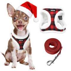 Aiitle Christmas plush harness red XXS with plaid pattern for cozy, secure winter walks.