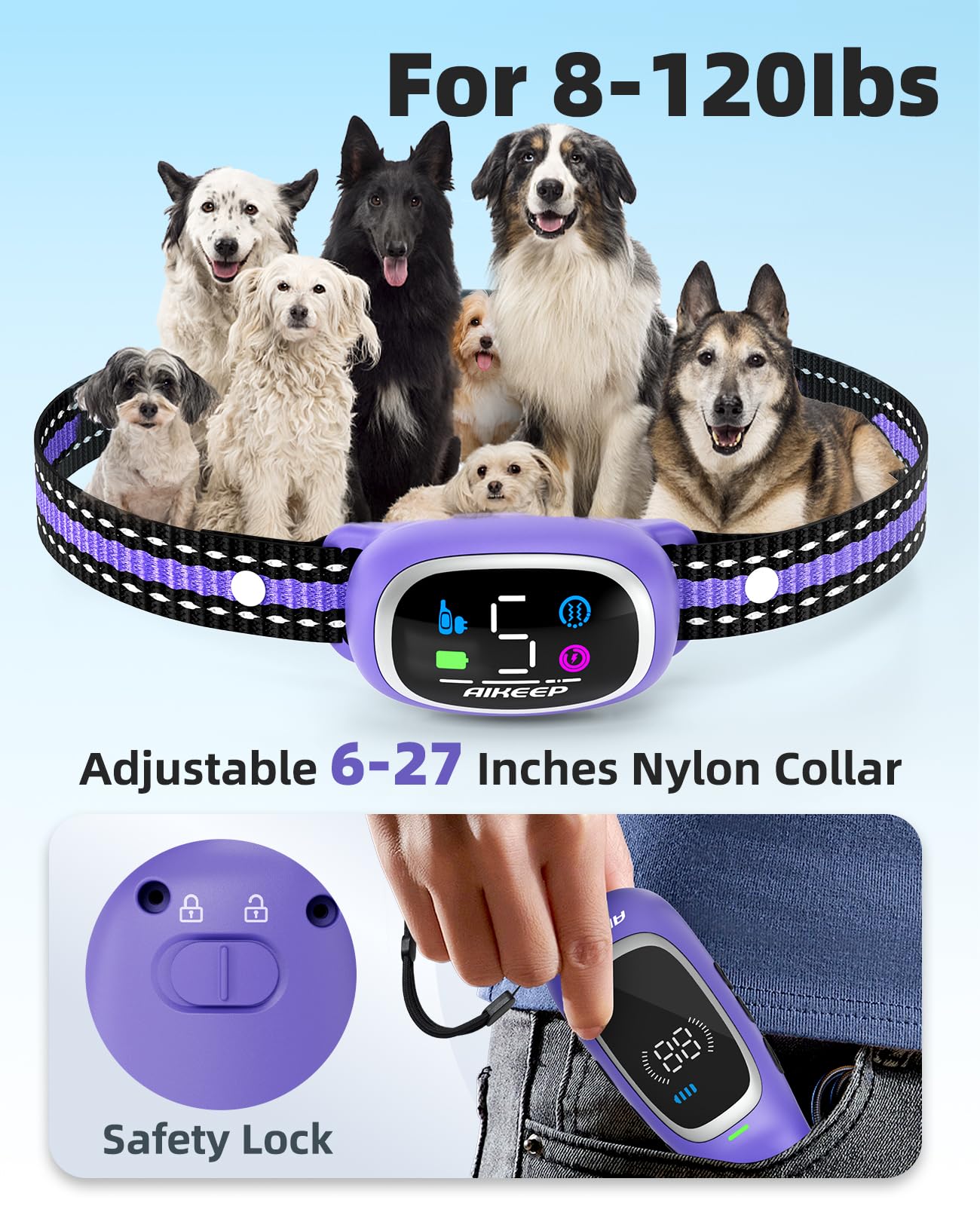 AIKEEP 2-in-1 collar safety lock prevents accidental operation.