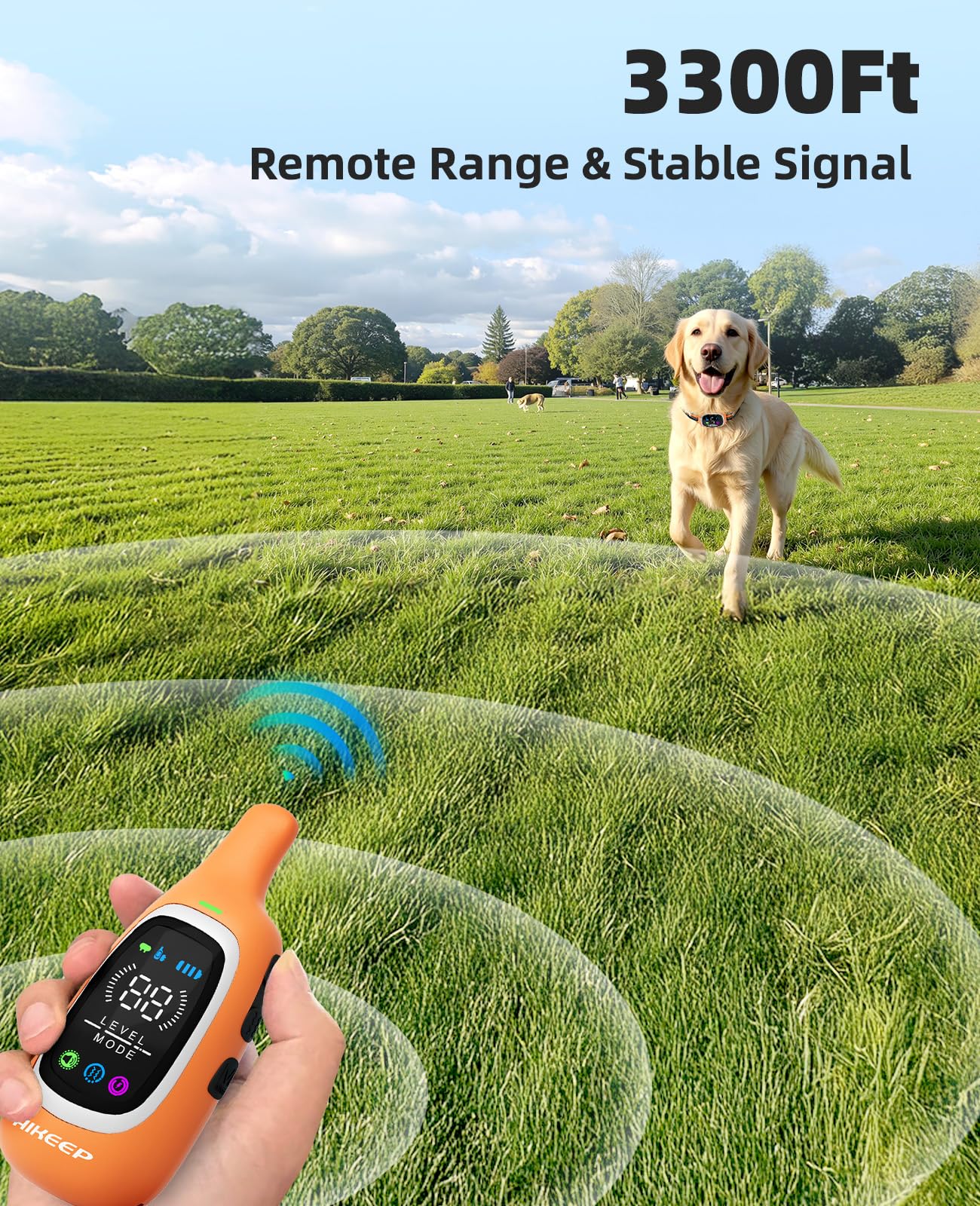 AIKEEP remote with 3300ft range enables training in parks and open spaces.