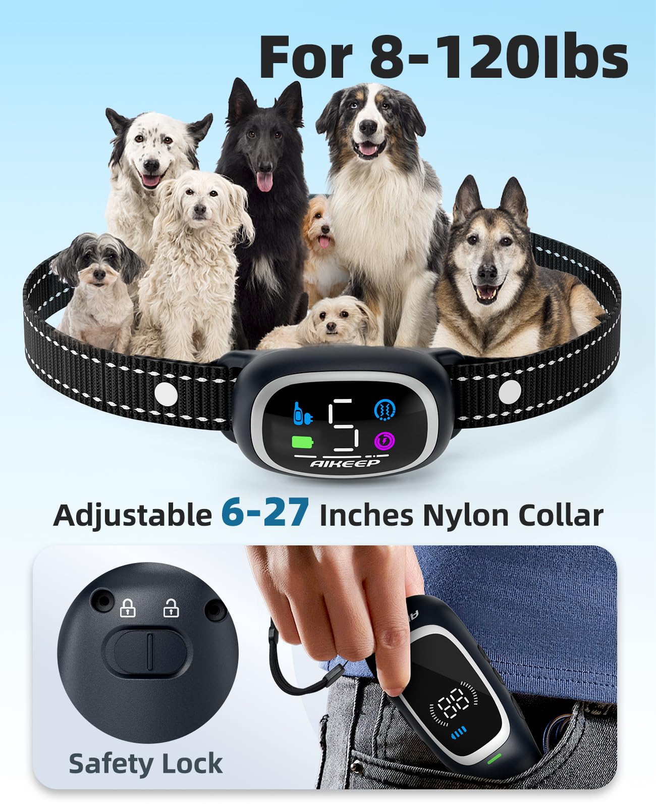 AIKEEP LED display on training collar for clear controls in low light